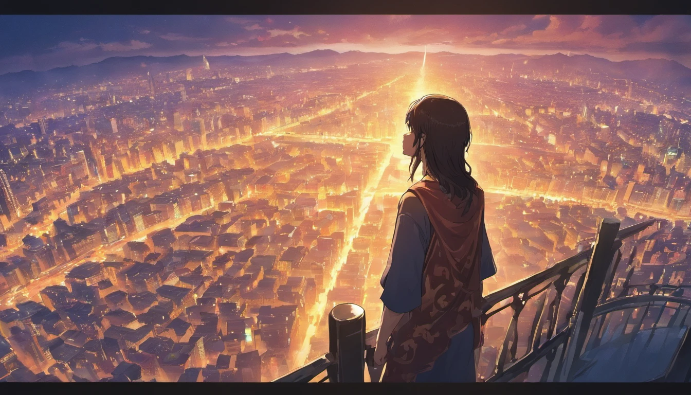 Jesus Christ resplendent looking at a city in the midst of a great army of people