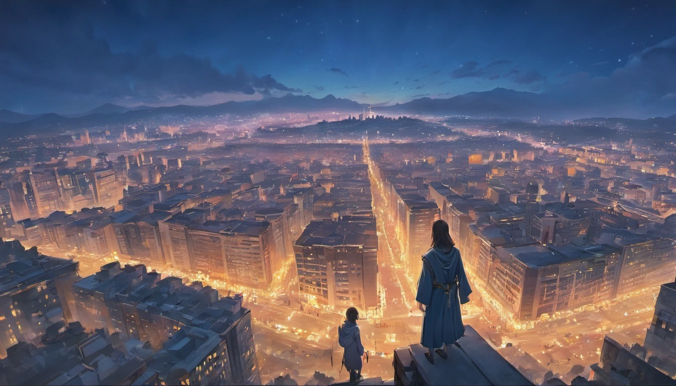 Jesus Christ resplendent looking at a city in the midst of a great army of people