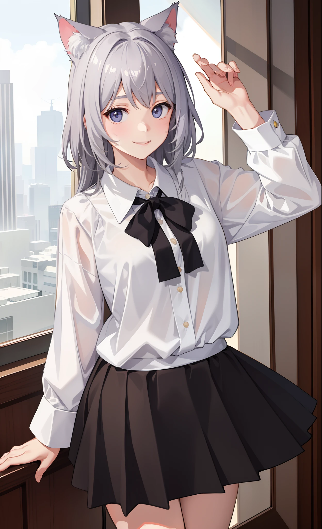 1girl in、A smile、The shirt、Blouse、skirt by the、(small tits)Chilarism、movement、(Gray hair)、Cat's ears、