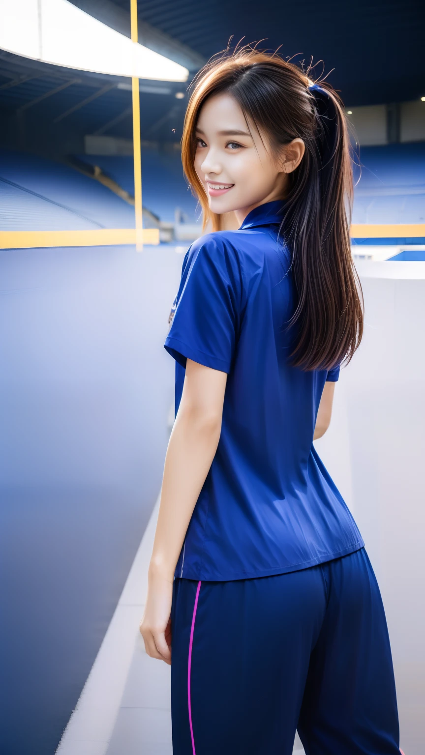 (bestquality,10,10,highres,masterpiece:1.2),ultra-detail,(Realistic,photorealistic portrait,photo-realistic:1.37),1 Cute girl in the football field,oily shiny skin,bara,light smile,BDclothes,((blue shirt:1.3)),short sleeves,shirt, trousers.,(navy_long_Pants Track:1.1), ((Stadium Background:1.3)),dynamic angle,excited,face focus,Dynamic Poses,from behide,Ass Focus,masterpiece, bestquality, ultra realistic, hyper-detail, 8k resolution, RAW photo, crisp focus, ((Navy blue shirt:1.1)), short sleeves, Long Path, Perfect body, 2 mature women, 18yo, cinematic light,Blue sweatpants,Gymware,Correct anatomy,Complete body, Correct body, sharp face, Anatomically correct body, full entire body, Realistic gestures, long-haired, Realistic poses,Wear long shorts.............,Long leg span,Shapely,Sculpting Girl, Slender Figure, mannequin mannequins, Shapely, Beautiful body,Blue sweatpants,from behind,focus ass