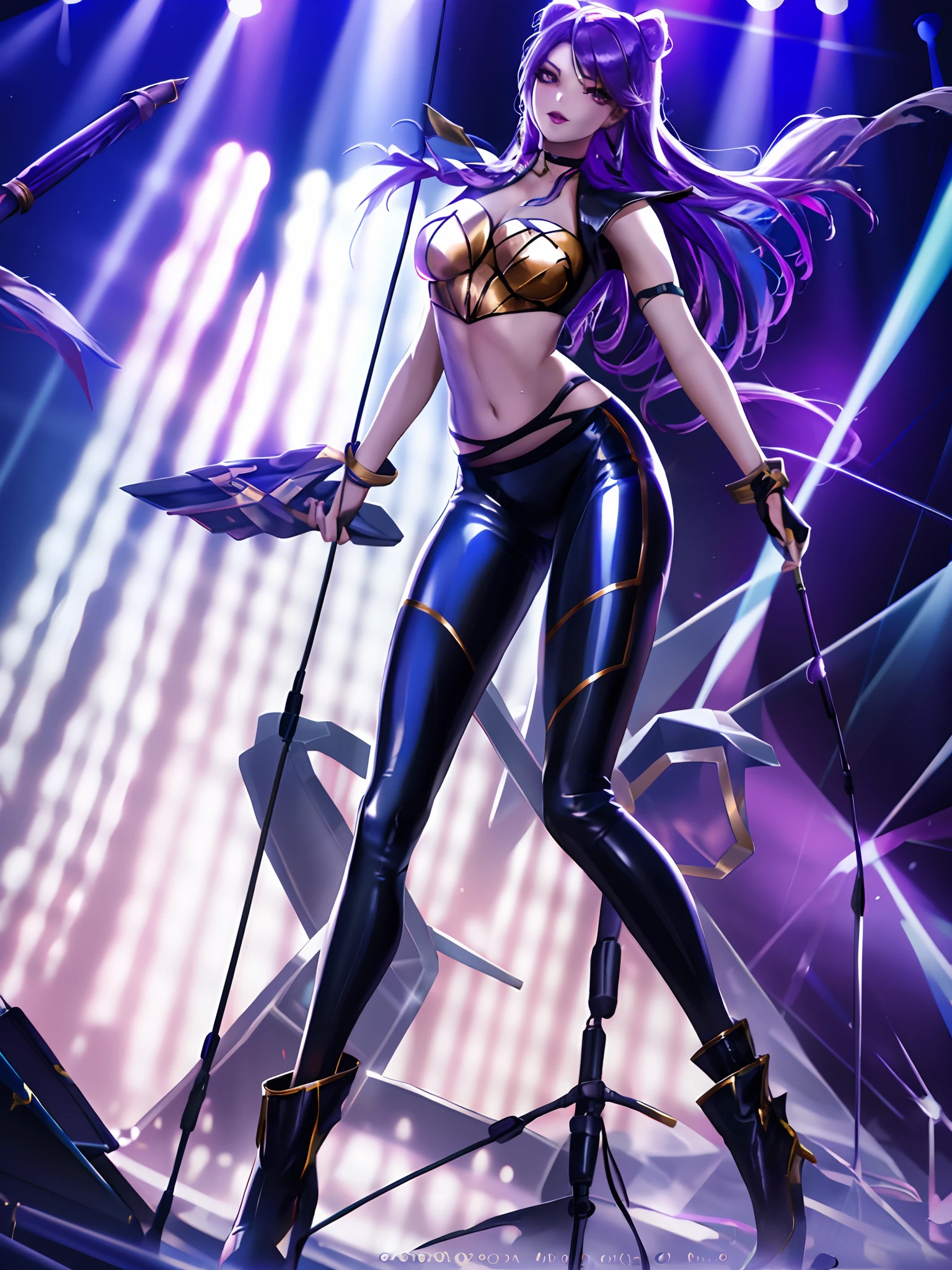 wonder women，perfect bodies，中景 the scene is，Wear purple headphones，ssmile，Sunny，Professional DJ，Facial feminine