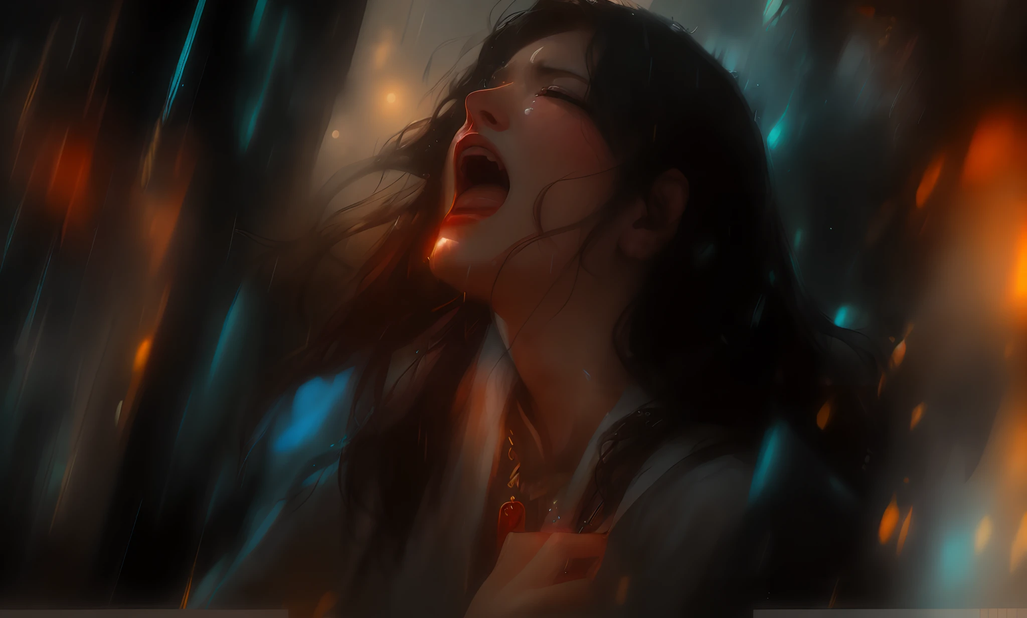 there is a woman that is singing in the rain, emotional concept art, artwork in the style of guweiz, by Zhang Han, wojtek fus, screaming. not realistic, by Yang J, guweiz, ross tran 8 k, by Zhang Lu, screaming in agony, guweiz masterpiece, cgsociety and fenghua zhong