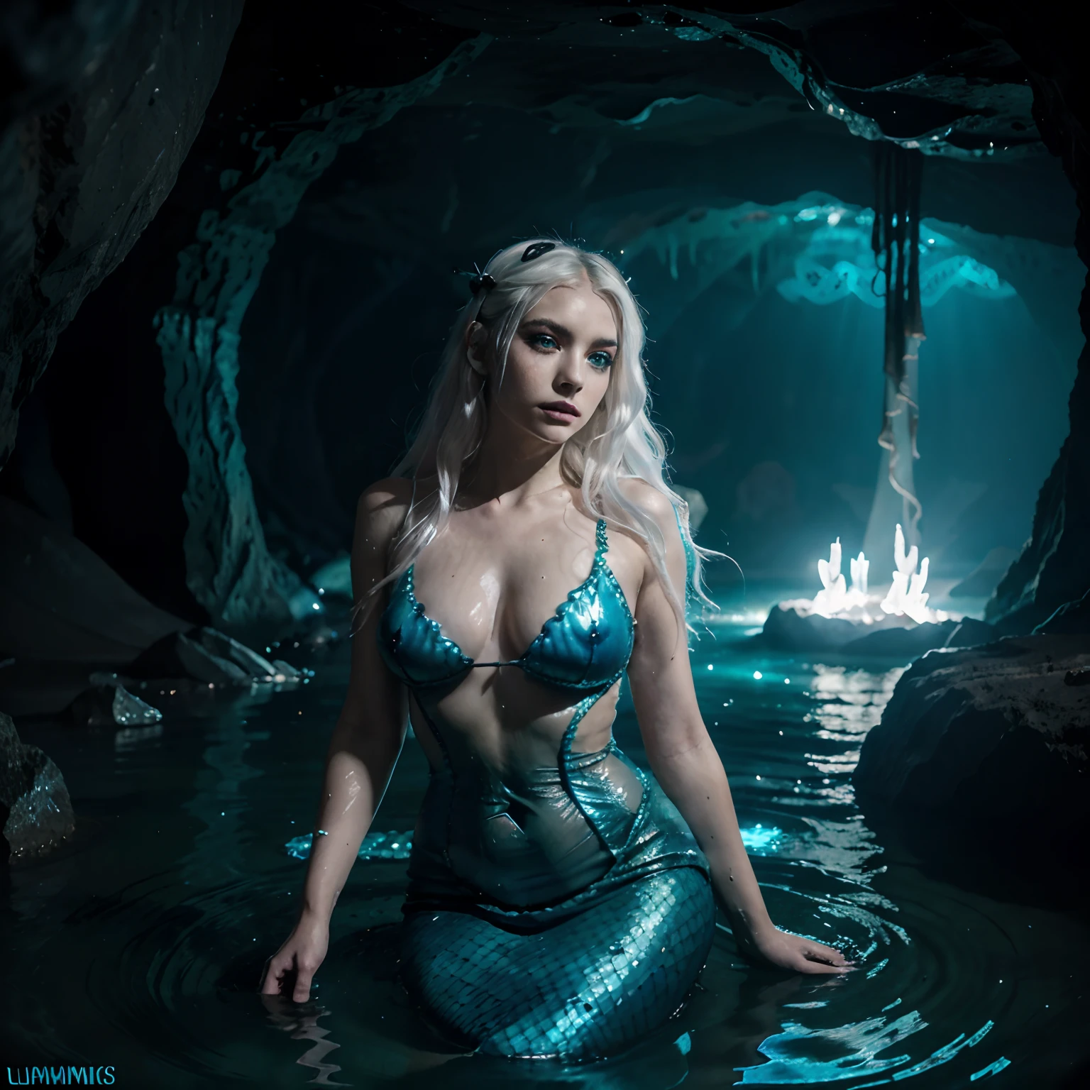 Anime, fantasy creature, fantasy, evil mermaid (siren), glowing cave with luminescent crystals, girl, white hair, wavy hair, long hair, blue eyes, glowing, (dark fashion), dark with blue glow, goddess, mermaid, (bioluminescence), goth, Masterpiece, {{Dark water cave}}