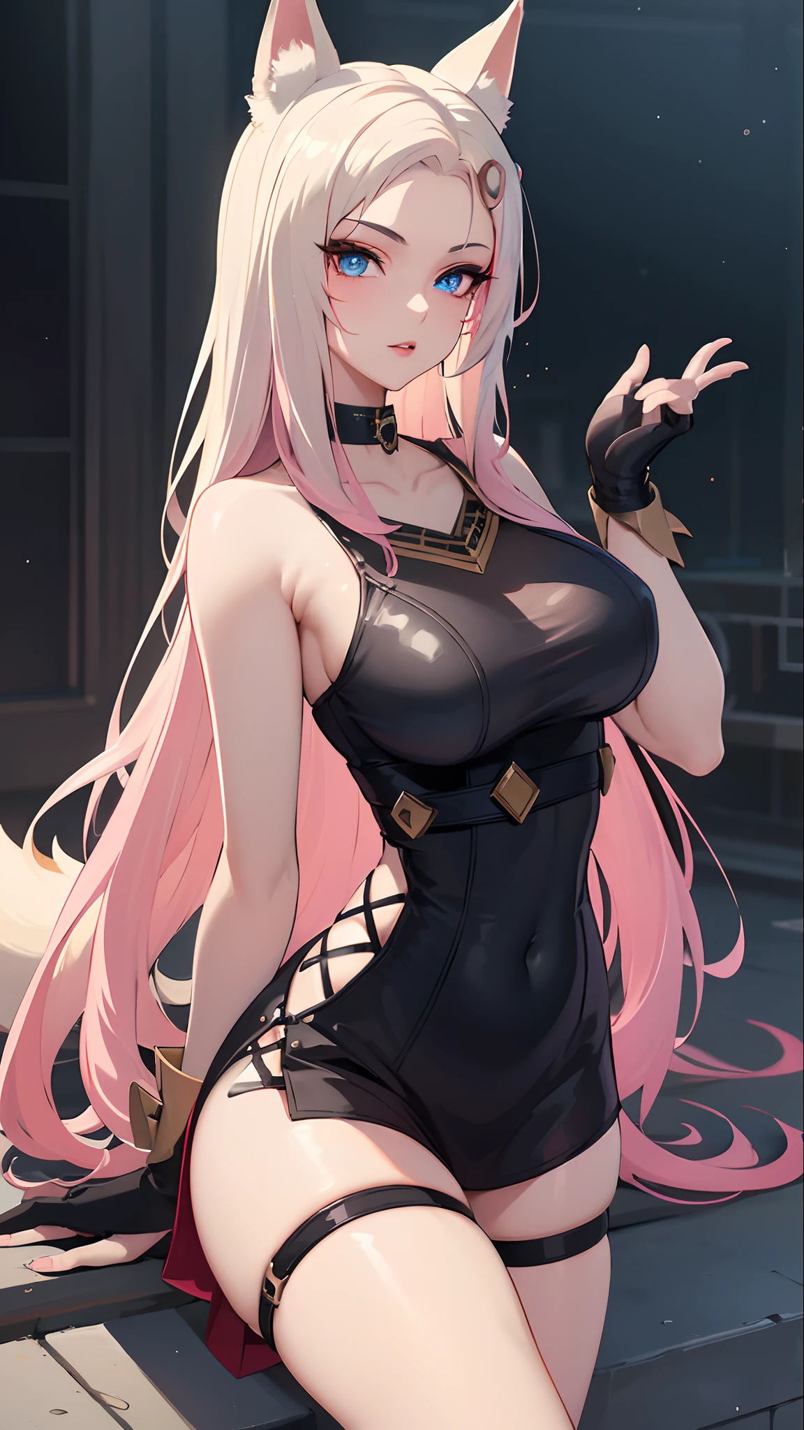 best quality,masterpiece,8k wallpaper,absurdres, highres, ultra detailed, (1 young beautiful girl, solo:1.1),realistic,k/da (league of legends), solo, animal ears,gloves, fox ears, hair ornament, long hair, blonde hair,blue eyes, whisker markings, fingerless gloves, pink hair,multicolored hair,official alternate costume, asymmetrical clothes, makeup, facial mark, hairclip, breasts, skirt, thigh strap, lips, gradient hair, fox tail, single glove,fox tail, (nine-tailed fox (mythological creature):1.3),A fairytale land where magical creatures live and thrive,BREAK