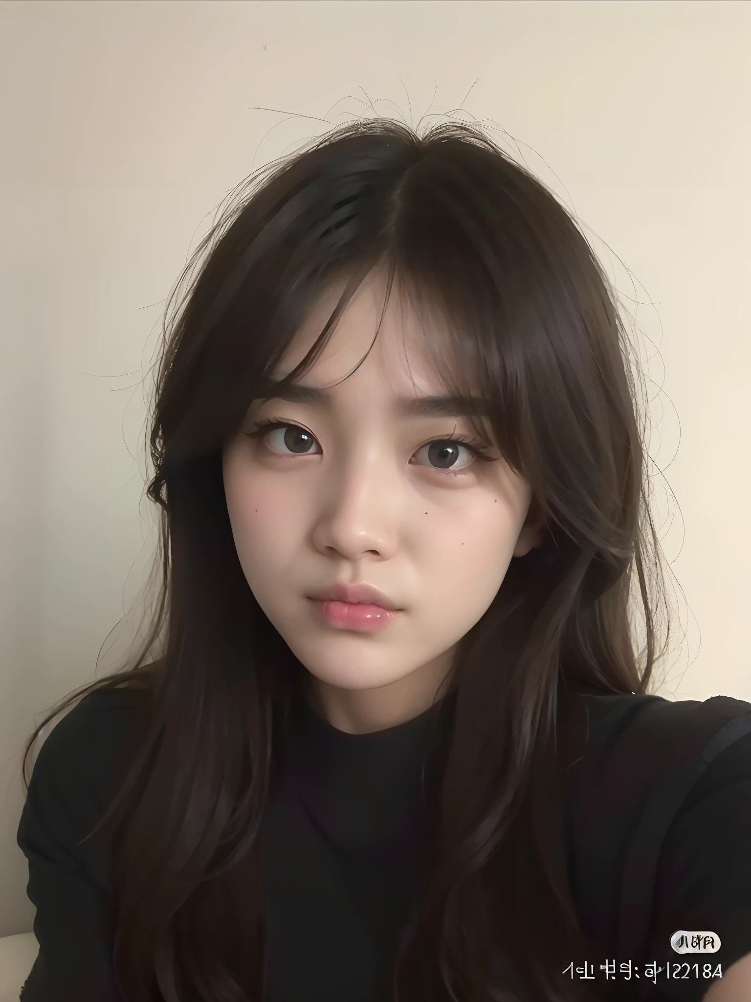 Un primer plano de una mujer con cabello largo con una camisa negra, ulzzang, maquillaje popular de Corea del Sur, Joven y adorable rostro coreano, maquillaje coreano popular, Rasgos de la cara coreana, con cara redonda, pale round face, south east asian with round face, Beautiful aesthetic face, Chica coreana, Cara suave y redonda, Wan adorable cara coreana, Small round face, Jinyoung Shin