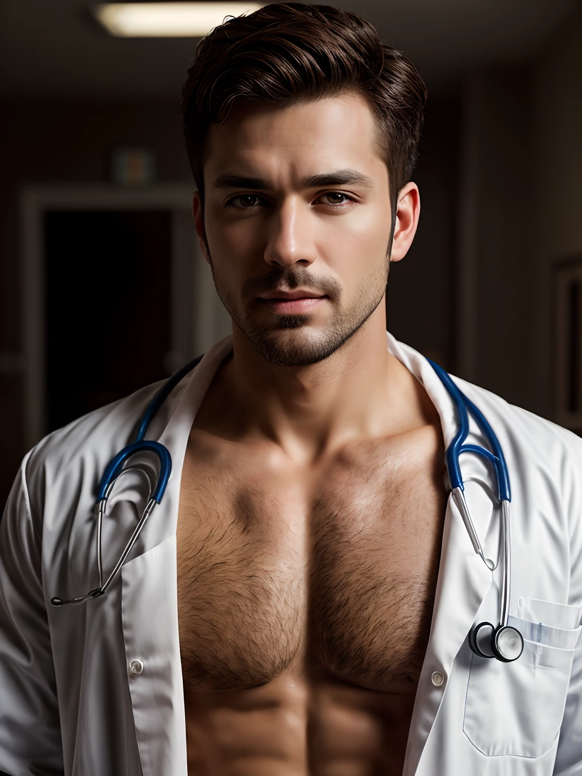 masterpiece, best quality, high resolution, closeup portrait, male focus, solo focus, A man, with doctor clothes, bare chest, body hair, facial hair, muscular , in the background a doctor office, amazing composition, front view, HDR, ultra quality, elegant, highly detailed