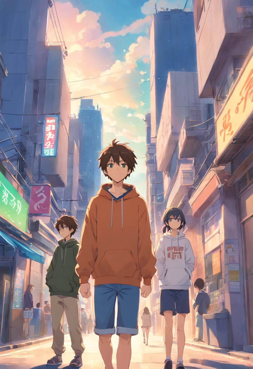 Three young people. The young man in the middle wears a backwards cap and wears a black sweatshirt and has brown hair, o jovem da direita usa uma jaqueta aberta e uma coroa e tem cabelo loiro, o jovem da esquerda usa terno e tem cabelo branco. estilo anime, jovem anime. Jovens masculinos, No girls on the scene, jovens de 19 anos.