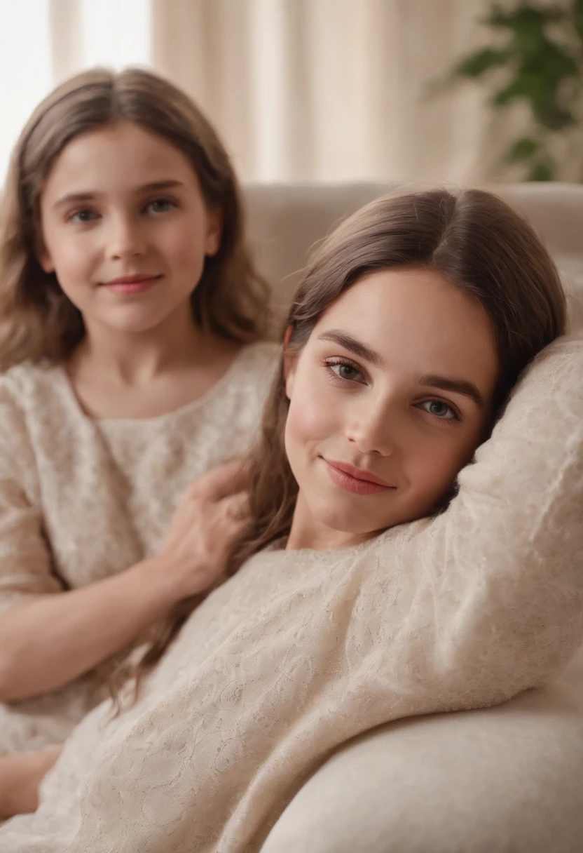 Portrait of a happy family on the sofa, Casa antigua, Child 7 years, girl 10 years old, Cinematographer, realista, Cara lisa, ojos perfectos, wide angle, foco nítido, 8 k high definition, Stunningly Detailed, intrincado, elegante, Beautiful, Disco duro, dream, ultra gran angular, hiperrealismo, hiper detallado, The Lord Jesus Christ is at your back , The Lord Jesus Christ is glad to see you