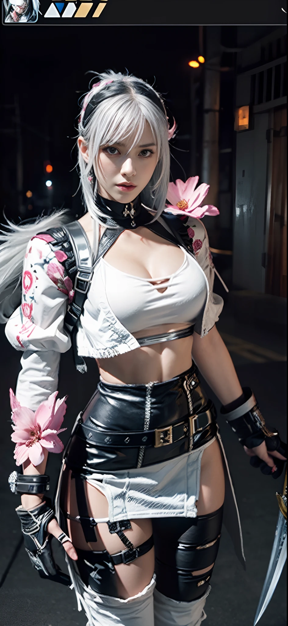 a close up of a person in a costume with a sword, as a character in tekken, female character, tifa lockhart with white hair, katana zero video game character, lunar themed attire, kda, slim body, cyborg - girl with silver hair, upper body avatar, fashion gameplay screenshot, fighting game character, new character, floralpunk elysian maiden, sigma female