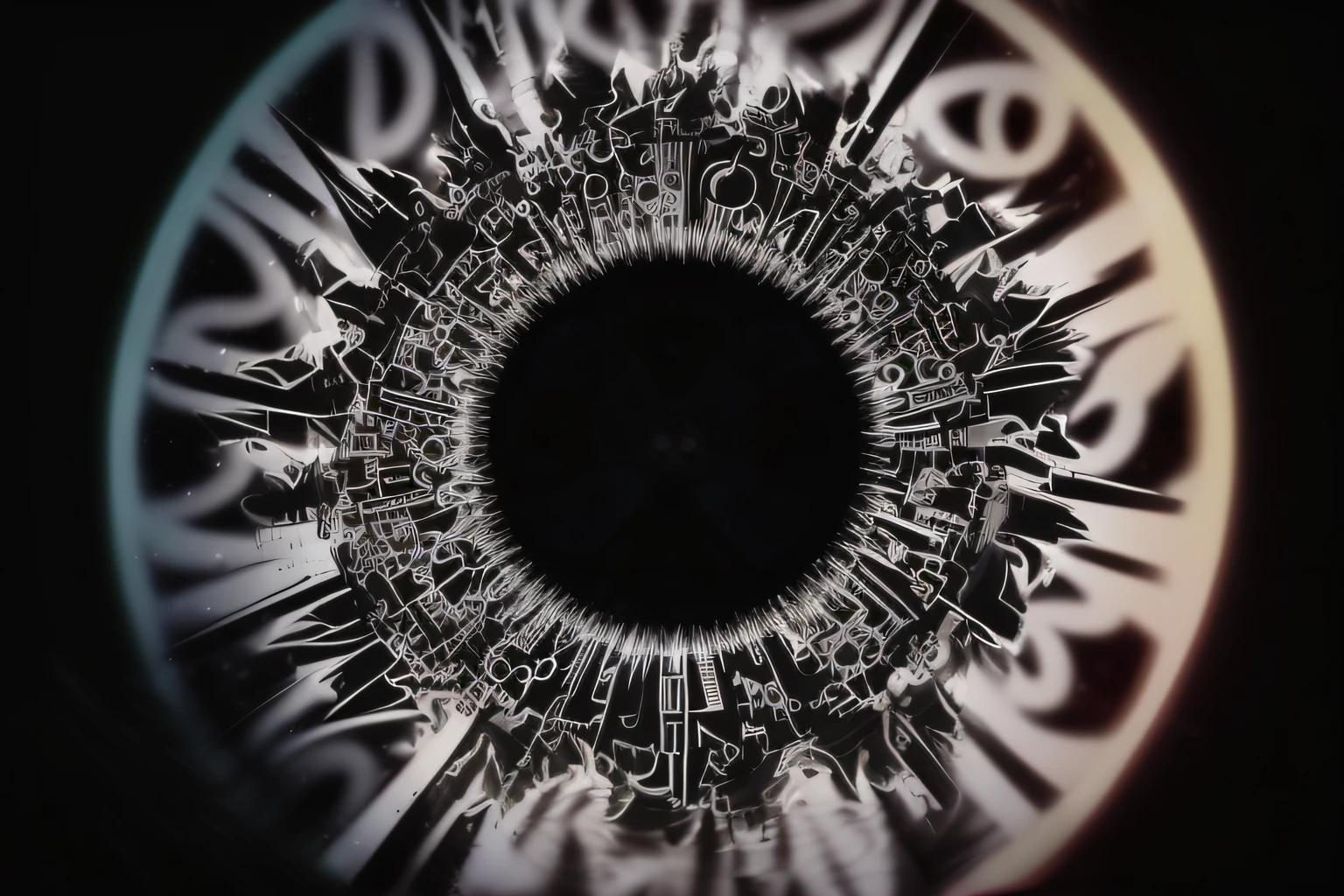 there is a circular object with a lot of letters in it, tool band art, round pupil, digital illustration radiating, dark but detailed digital art, cybernetic eye, eye of sauron, the eye of sauron, void vortex, giant eye magic spell, detailed: cornea, detailed : cornea, black hole sun, void eyeballs