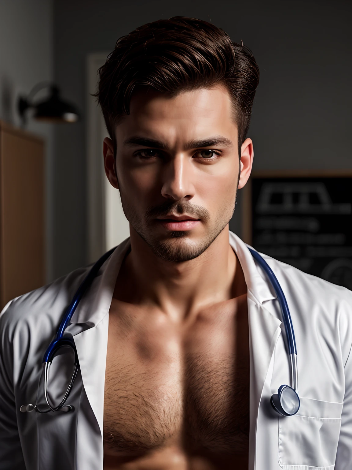 masterpiece, best quality, high resolution, closeup portrait, male focus, solo focus, A man, with doctor clothes, cute and masculine face, seductive, bare chest, body hair, facial hair, muscular, skinny , in the background a doctor office, amazing composition, front view, HDR, ultra quality, elegant, highly detailed