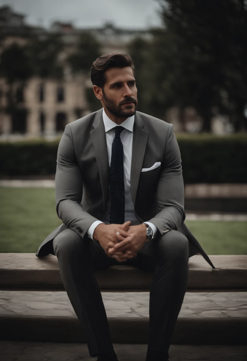 a man wearing a business suit sitting outside, barba, Cansado, candid shot, best quality, 8k, UHD, fotorrealista