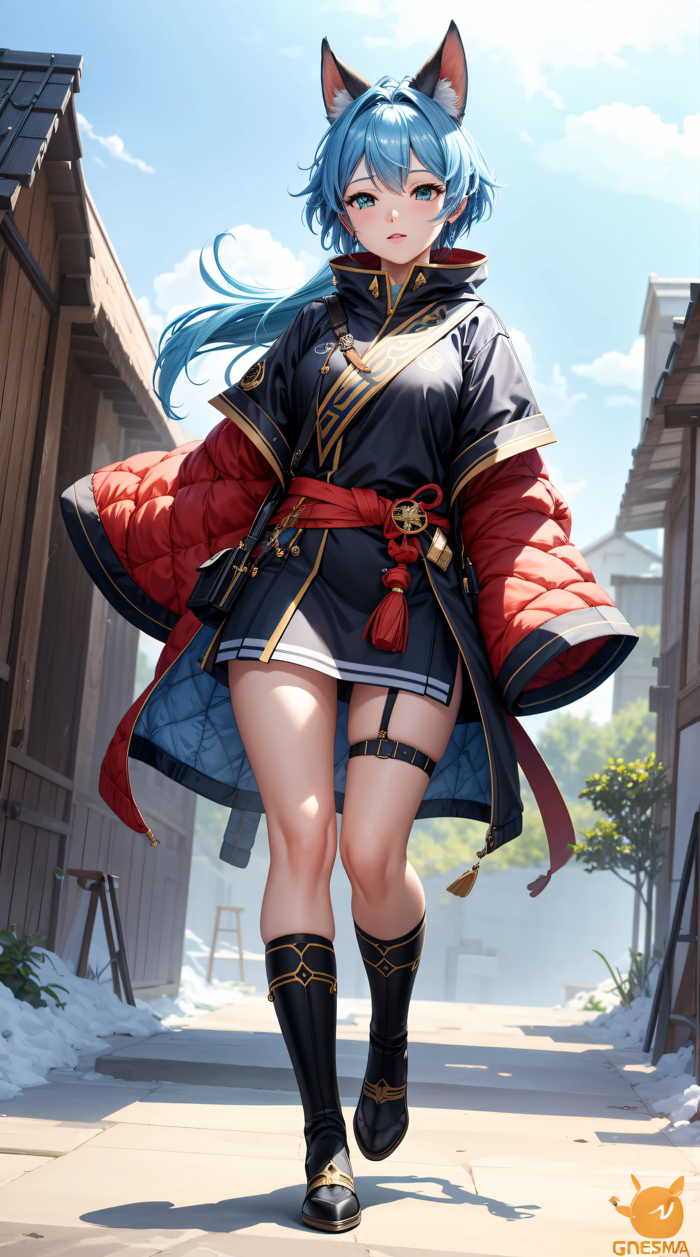 (best quality:1.5, highres, UHD, 4K, detailed lighting, shaders), navia from genshim impact, (pov), full body, picture at the back, white background