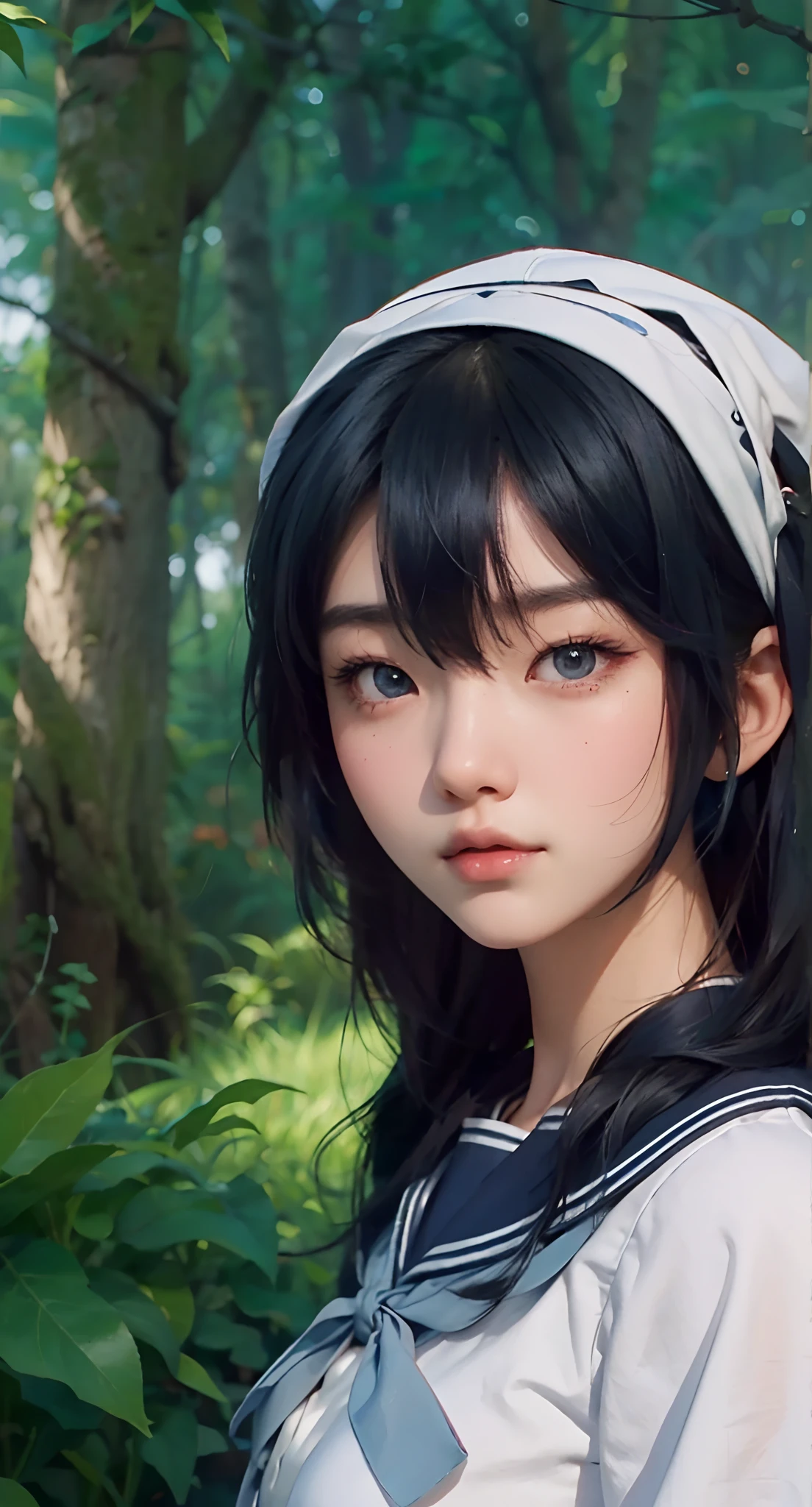 Real life adaption of this character, Korean teen beauty face,looking to viewer,realistic same hairstyle dark blue color,realistic jungle with many grass background, hyper realistic, realistic light, realistic shadow, realism,(photorealistic:1.2), (realistic same outfit),