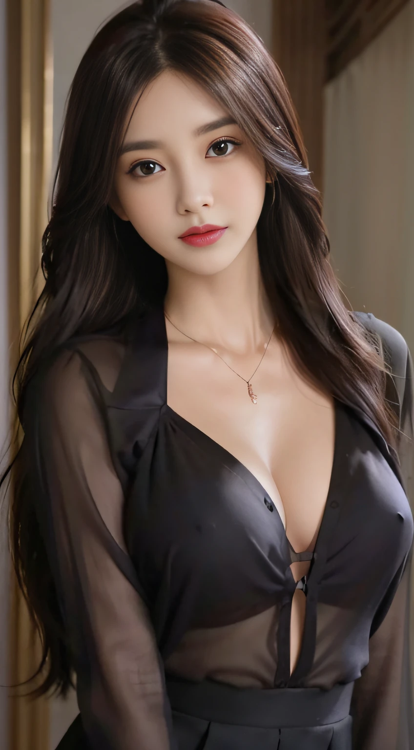 (((Brown Long Hair))), (Louvre Museum), Pose Seductive, (A hyper-realistic), (Illustration), (Increased resolution), (8KUHD), (Extremely detailed), (Best Illustration), (Beautiful and detailed eyes), (Best Quality), (ultra-detailliert), (masutepiece ), ( Wallpaper), (Detailed face), Solo, 1人の女性, Fine details, Detailed face, Deep Shadows, lowkey, pureerosfaceace_v1, Smiling, 46 point slanted bangs、Dark purple see-through blouse with collar、cleavage of the breast、Big necklace、large earring、