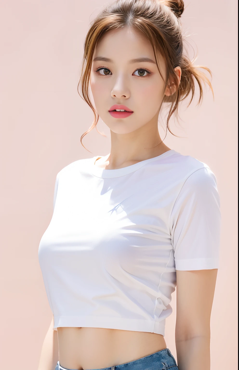 Best quality,masterpiece,ultra high res,(photorealistic:1.4),1girl, White short-sleeved T-shirt, in studio, pastel pink background,