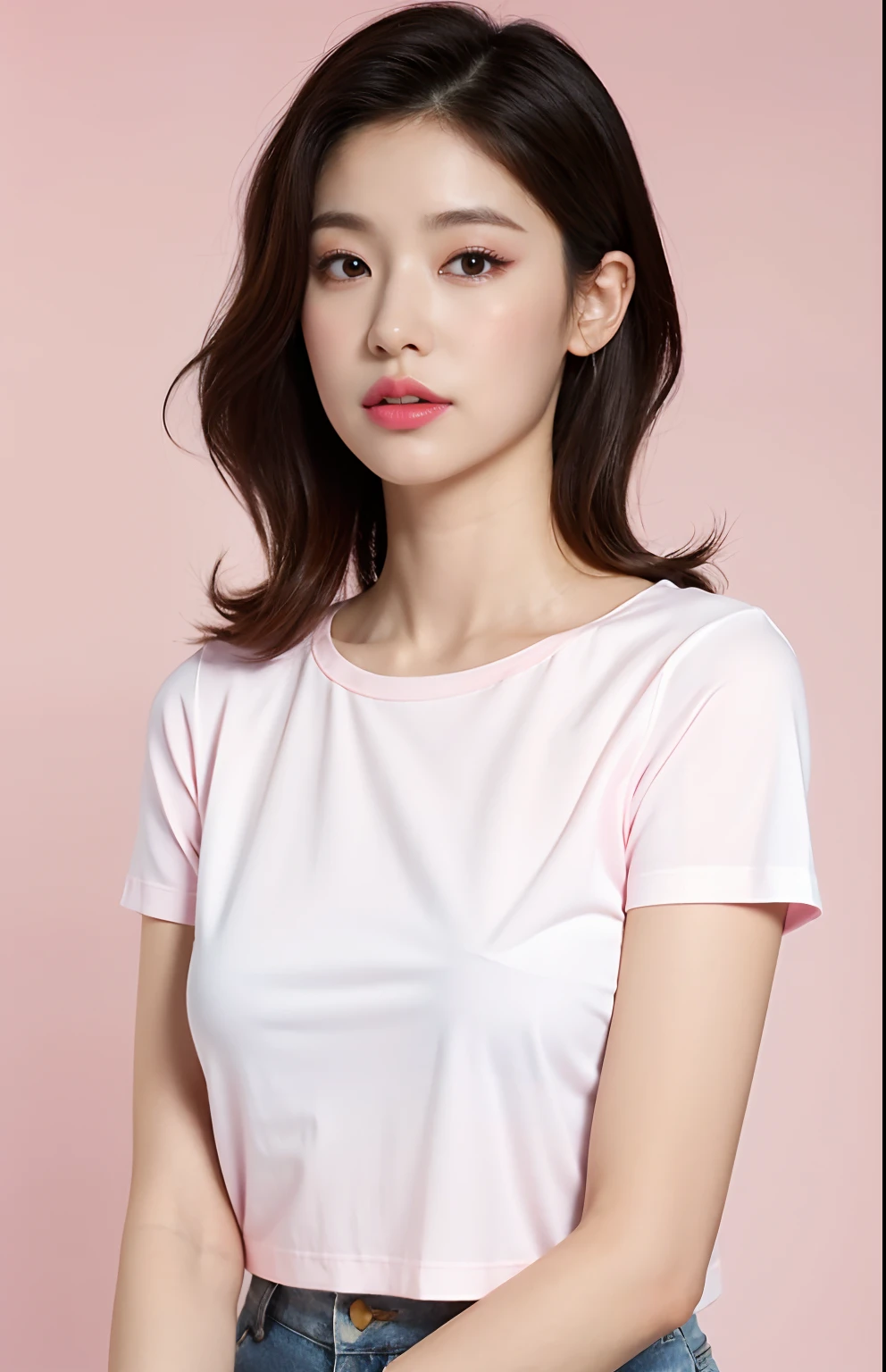 Best quality,masterpiece,ultra high res,(photorealistic:1.4),1girl, White short-sleeved T-shirt, in studio, pastel pink background,