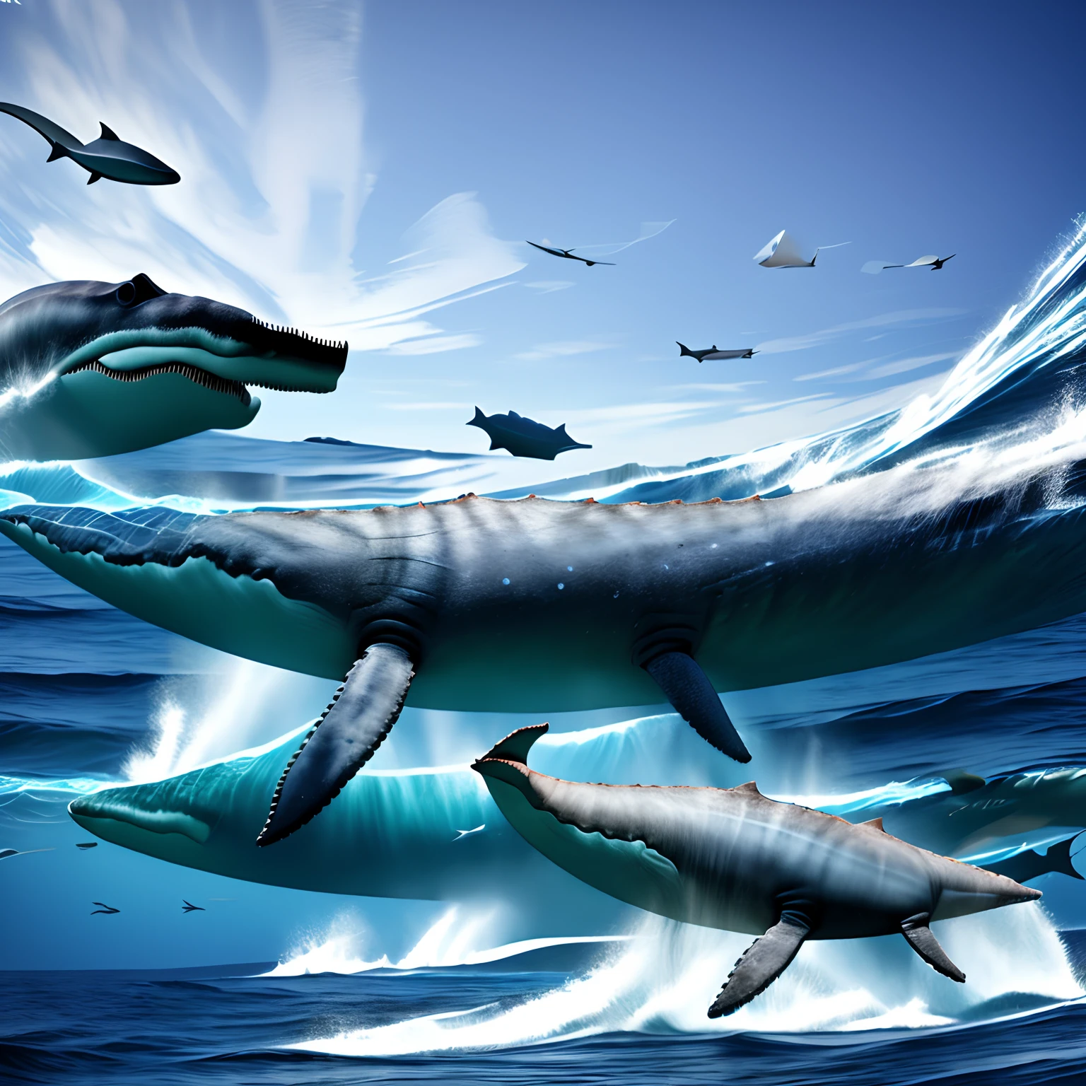 Mosasaurus. Crocodile-headed whale. Rough waves. Assault the ship.