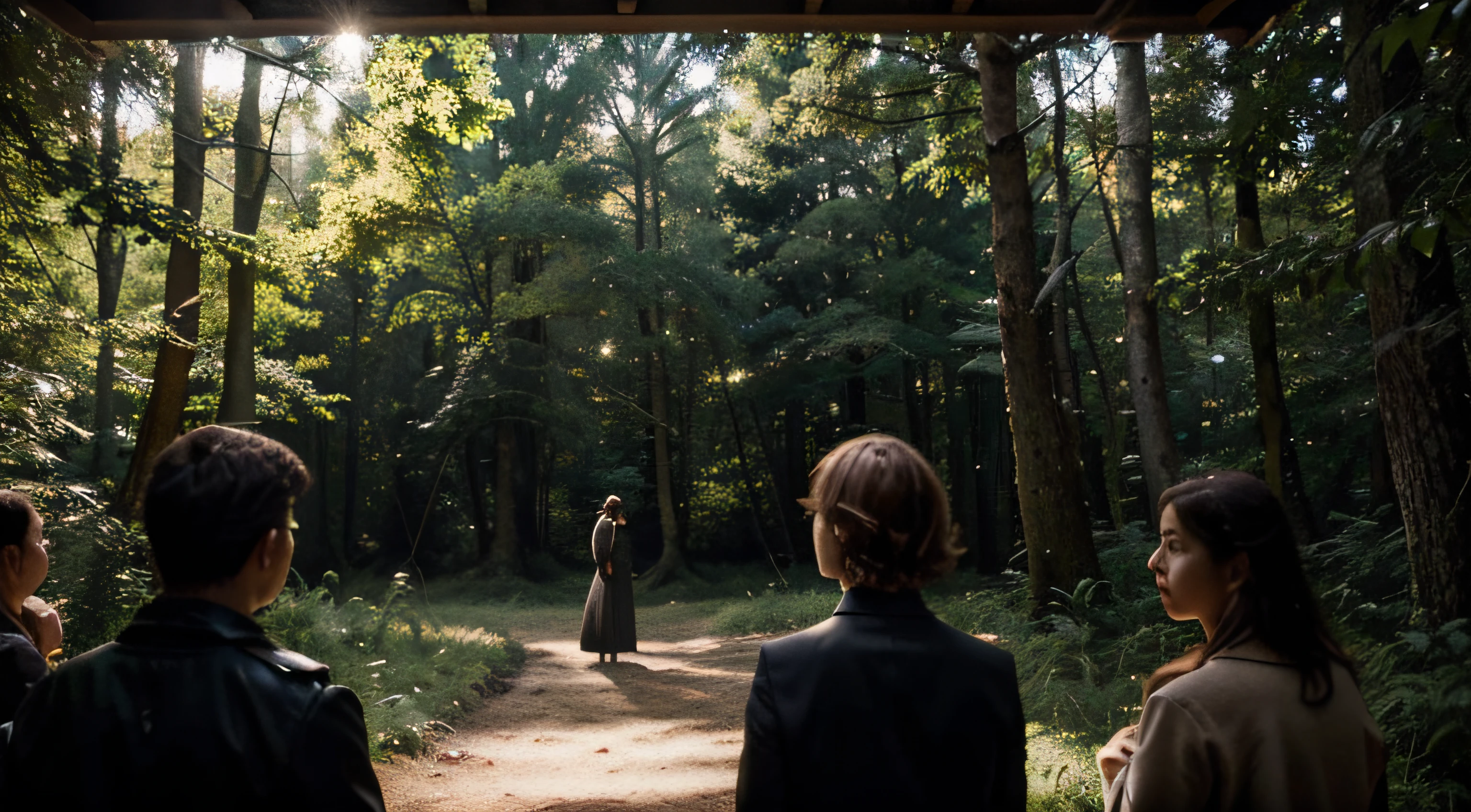 scenecy: uma floresta densa, com altura, dark trees.
Objetos: A group of people observing a scene from a distance.
Uplighting: natural lightting, com tons verdes e marrons.
compositing: People are at the forefront, com a floresta ao fundo.
Estilo: realista, com detalhes precisos.
Detalhamentos:
The distance between the people and the scene is large enough that the observer can perceive the depth.
The scene in the distance is made up of a set of objects that stand out from the background of the forest.
Objects are lit in a way that creates shadows that help create the illusion of depth.