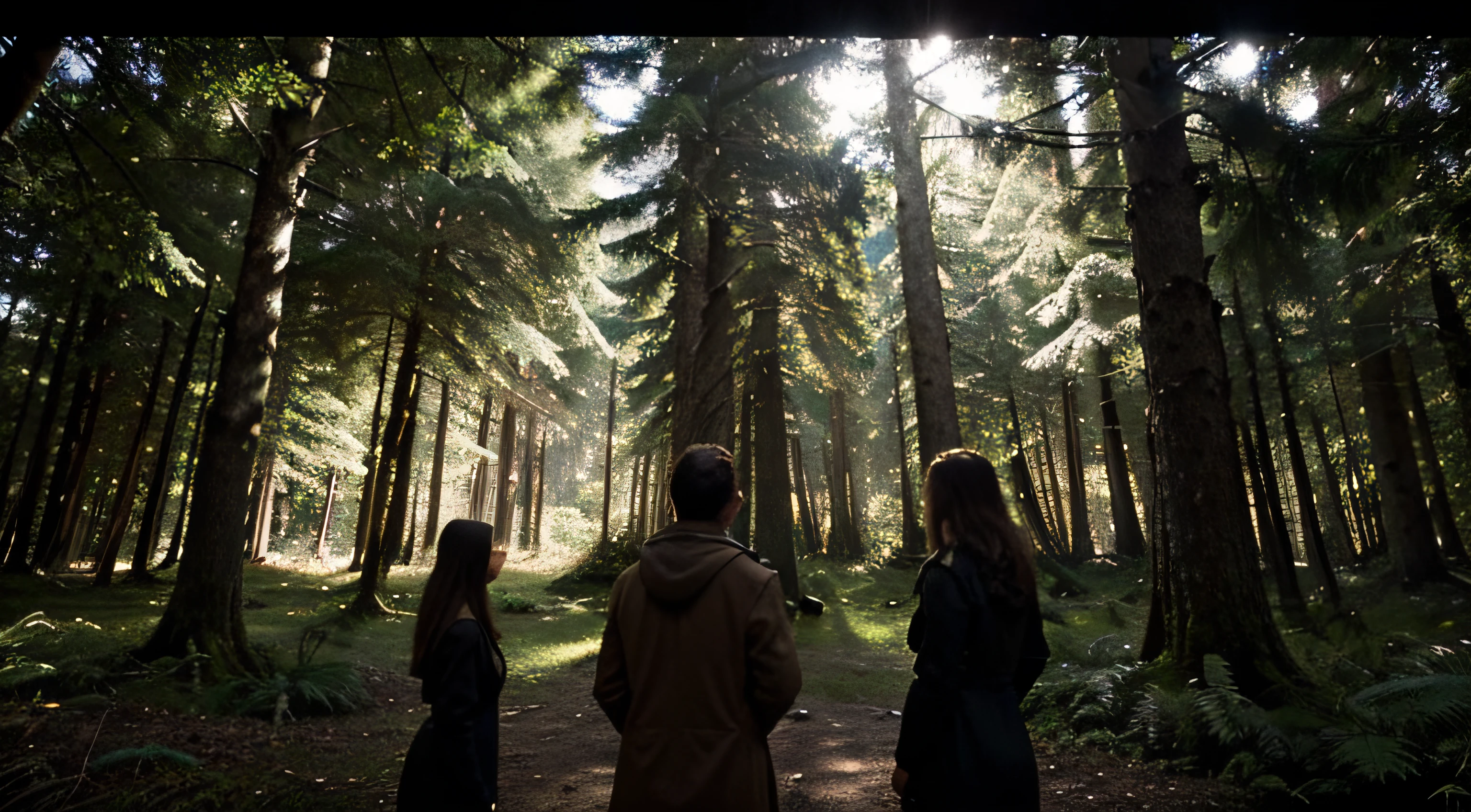 scenecy: uma floresta densa, com altura, dark trees.

Objetos: A group of people observing a scene from a distance.

Uplighting: natural  lightting, com tons verdes e marrons.

compositing: People are at the forefront, com a floresta ao fundo.

Estilo: realista, com detalhes precisos.

Detalhamentos:

The distance between the people and the scene is large enough that the observer can perceive the depth.
The scene in the distance is made up of a set of objects that stand out from the background of the forest.
Objects are lit in a way that creates shadows that help create the illusion of depth.