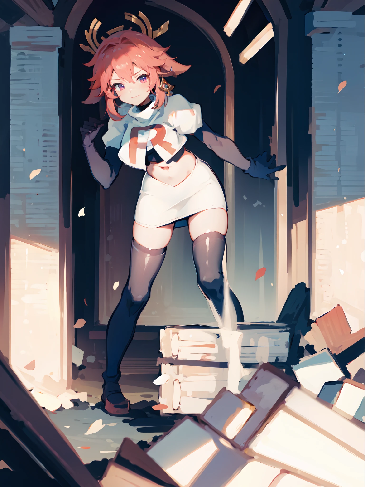 yae miko,1girl,team rocket,team rocket uniform,white skirt,crop top,black thigh-highs,black elbow gloves,
