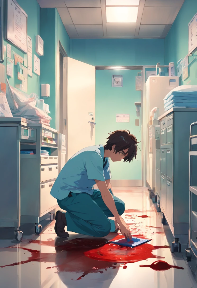 Hospital Rooms,Blood all over the ground,A man squats on the ground and mops the floor with a rag