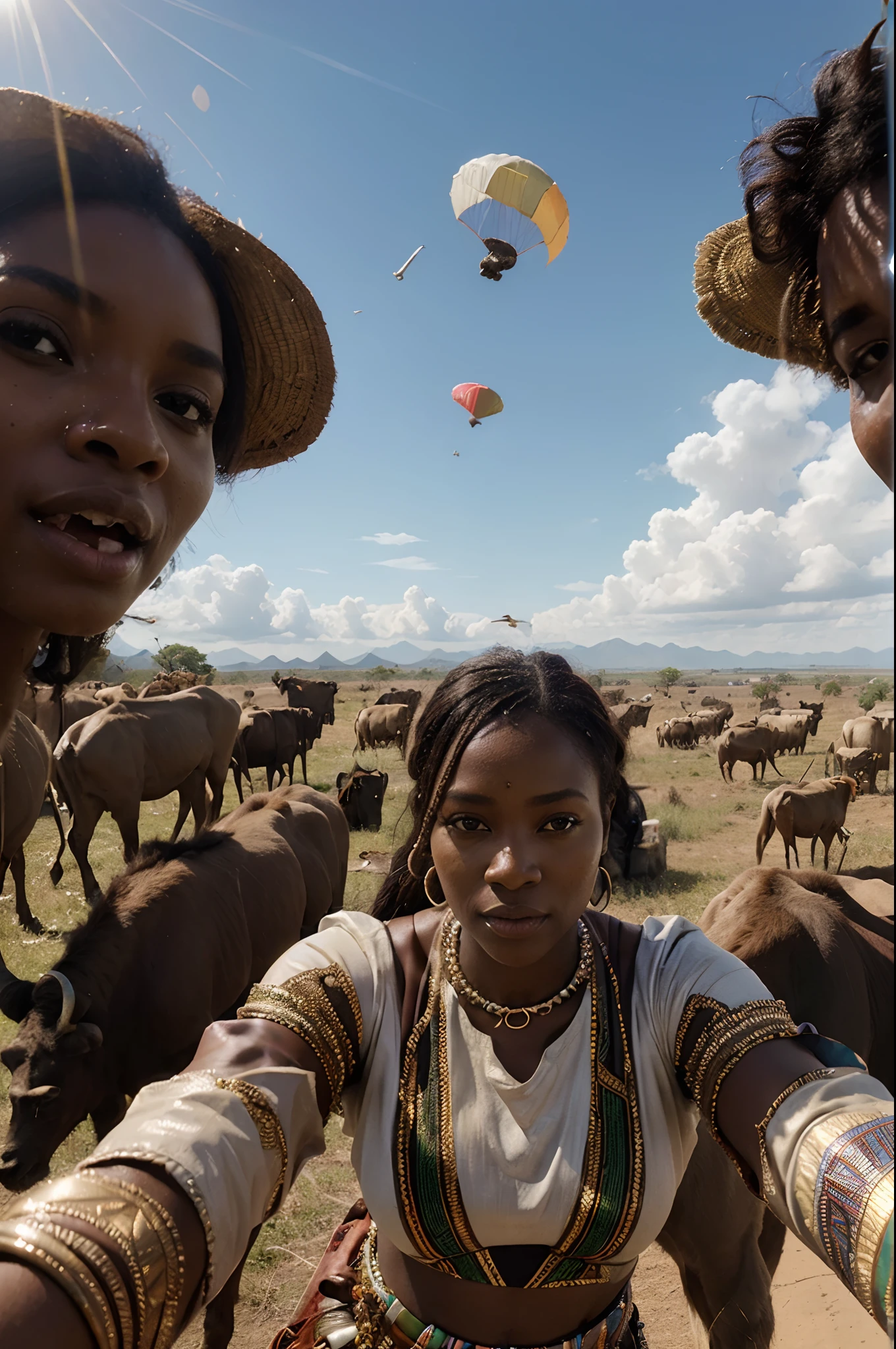 African woman dressed in african designed clothes, flying above the wilderness in a parachute, taking a selfie, with Herd of buffaloes running in the wilderness,  daylight shining with beautiful, iridescent light, artgerm style, 32k, ultra HD, unreal engine rendered, hyper-realistic image