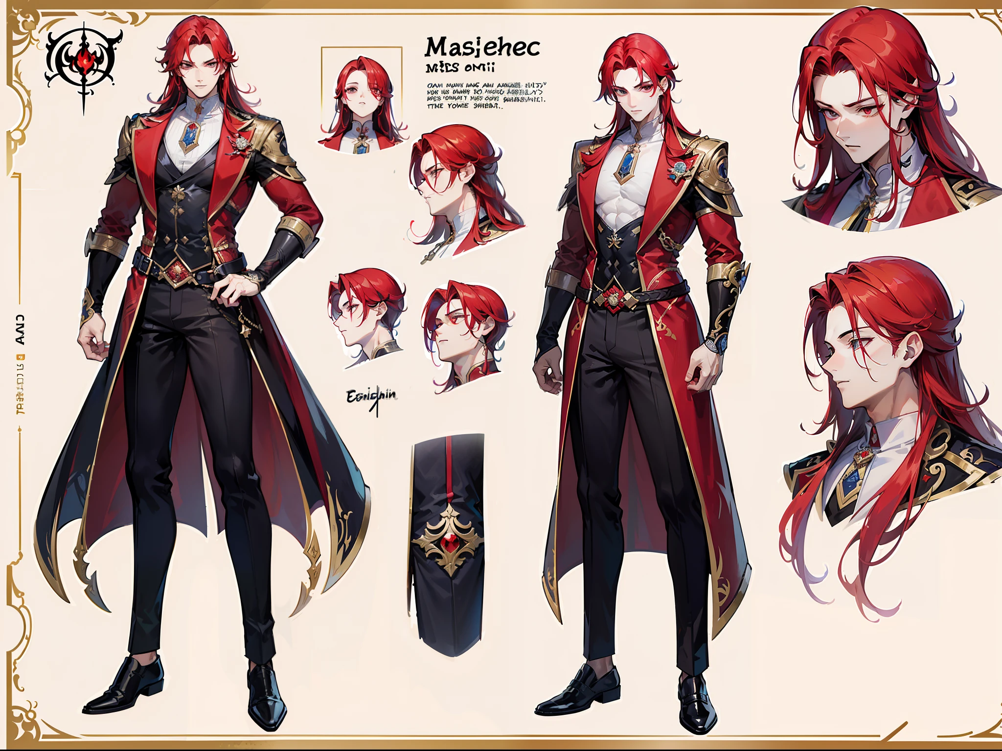 ((Masterpiece, Highest quality)), Male, boy, Detailed face, character design sheet, full bodyesbian, Full of details, frontal body view, back body view, Highly detailed, Depth, Many parts, Muscle boy with red long hair,handsome man, vampire outfit clothes, Genshin Impact, man tall