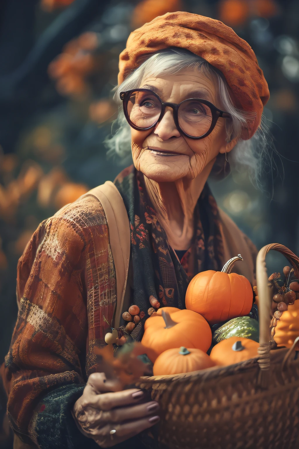 An old woman with glasses holding a basket of pumpkins, A Deusa da Colheita de Outono, mulher bonito, Velha, beautiful autumn spirit, retrato de alta qualidade, old woman, Deusa grega idosa, bruxa de meia-idade, foto de retrato, grandma, autumn season, color photograph portrait 4k, Directed by: Eugeniusz Zak, Directed by: Aleksandr Gerasimov, Temporada de outono