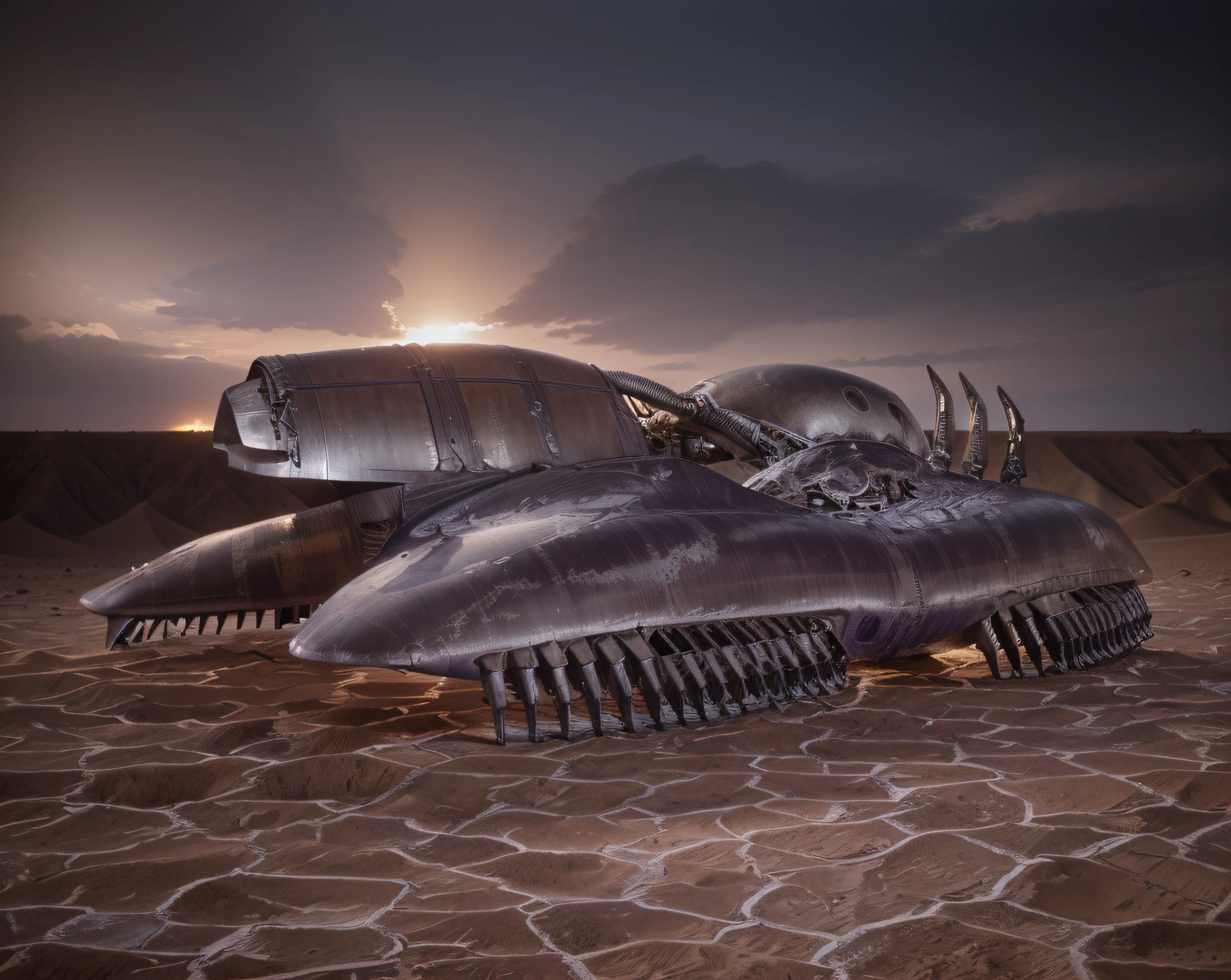 biomechanical style tank, dark burnished silver color with purple details, it is in a desert, Ultra detailed, Hyper realistic, 4k, Ultra detailed image, realistic, Highly detailed, perfect composition, beautiful intricately detailed incredibly detailed, 8K fine art photography, hyper detailed, Masterpiece