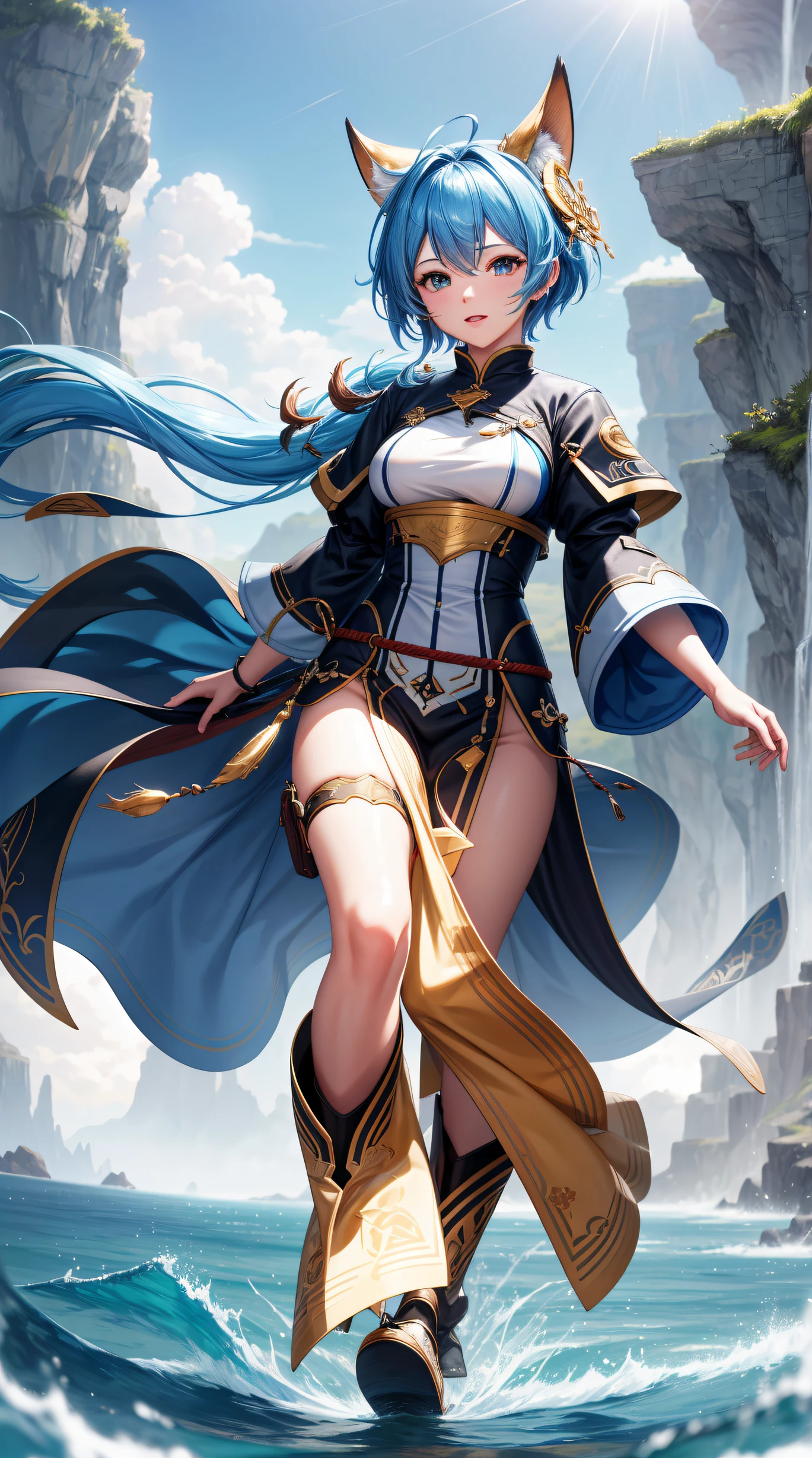 (best quality:1.5, highres, UHD, 4K, detailed lighting, shaders), navia from genshim impact, (pov), full body, picture at the back, white background