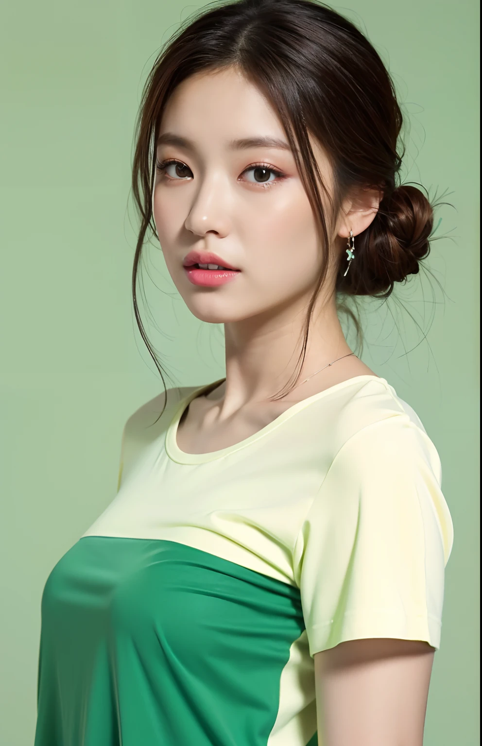 Best quality,masterpiece,ultra high res,(photorealistic:1.4),1girl, White short-sleeved T-shirt, in studio, pastel green background,