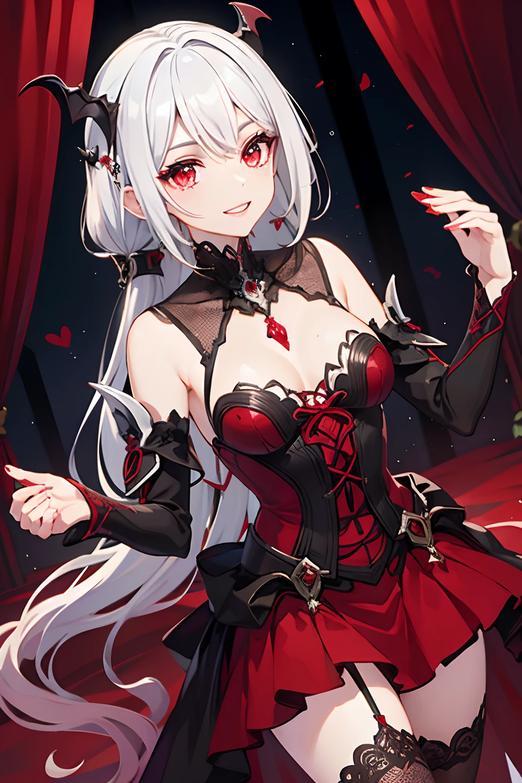 Vestido preto,com detalhes brancos e vermelho, sorrindo, dentes de vampiro, peitos grandes,sexy