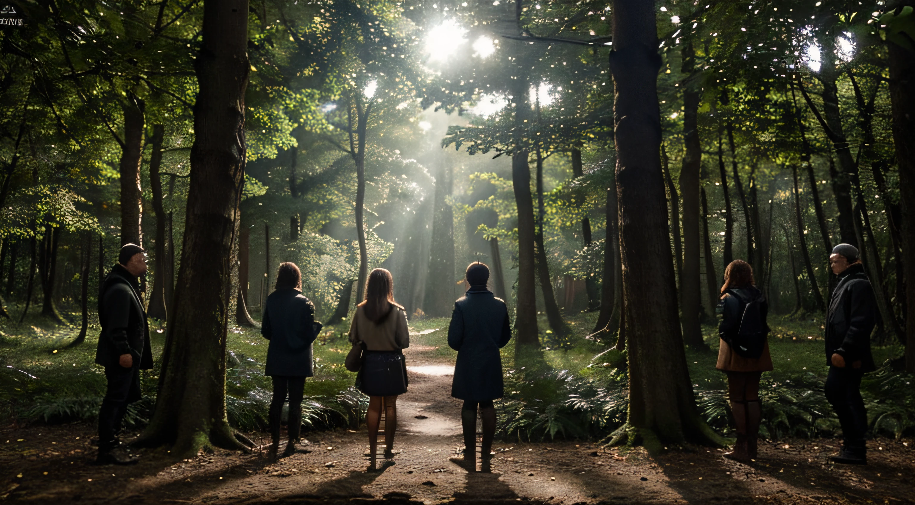 scenecy: uma floresta densa, com altura, dark trees.
Objetos: A group of people observing a scene from a distance.
Uplighting: natural lightting, com tons verdes e marrons.
compositing: People are at the forefront, com a floresta ao fundo.
Estilo: realista, com detalhes precisos.
Detalhamentos:
The distance between the people and the scene is large enough that the observer can perceive the depth.
The scene in the distance is made up of a set of objects that stand out from the background of the forest.
Objects are lit in a way that creates shadows that help create the illusion of depth.