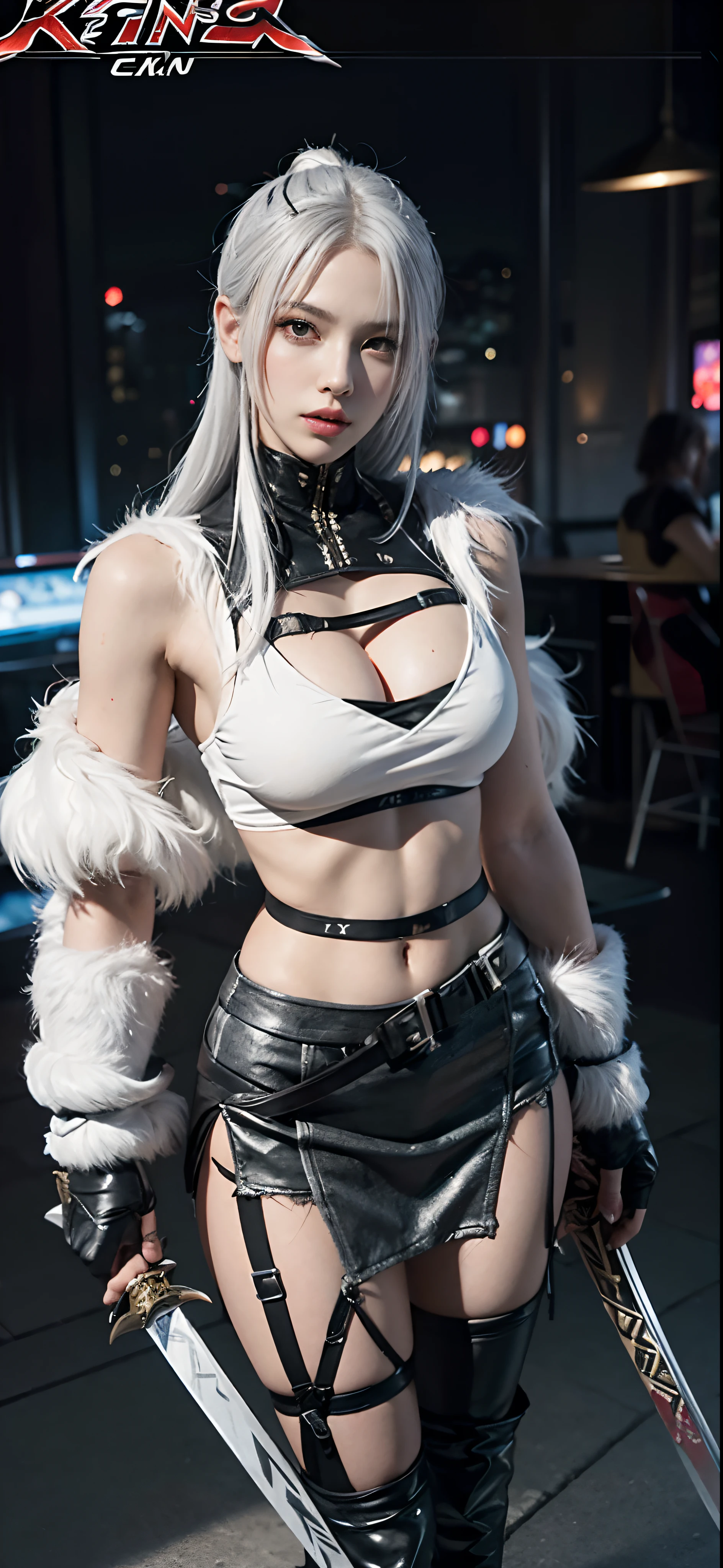 a close up of a person in a costume with a sword, as a character in tekken, female character, tifa lockhart with white hair, katana zero video game character, lunar themed attire, kda, slim body, cyborg - girl with silver hair, upper body avatar, fashion gameplay screenshot, fighting game character, new character, floralpunk elysian maiden, sigma female