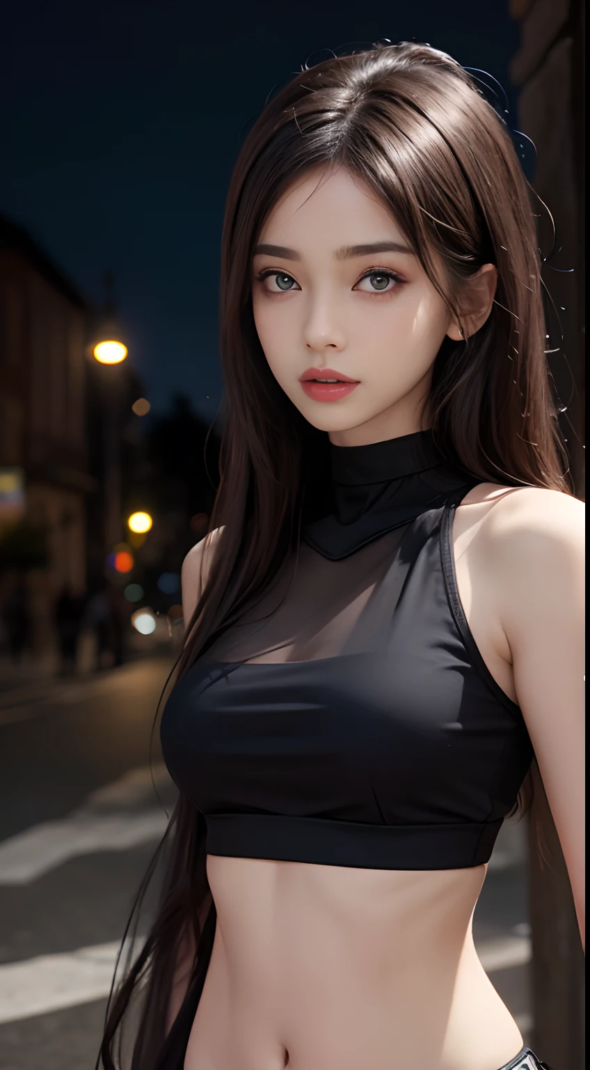 hijabi, choker, javanese, ((Realistic lighting, Best quality, 8K, Masterpiece: 1.3)), Clear focus: 1.2, 1girl, Perfect Figure: 1.4, Slim Abs: 1.1, ((Dark brown hair)), (crop top: 1.4), (Outdoor, Night: 1.1), City streets, Super fine face, Fine eyes, Double eyelids,