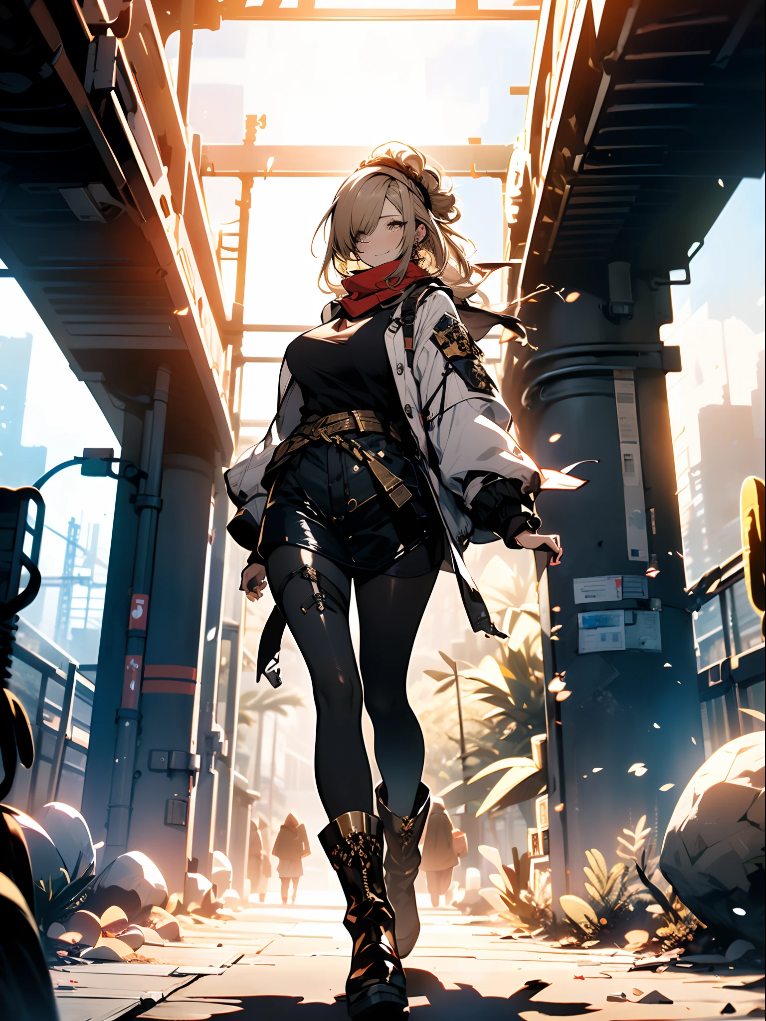 ((in a desert:1.5)), a matured woman with long hair and a white outfit, (resting in oasis:1.2), Arabic, Post apocalyps, from arknights, artwork in the style of guweiz, bodyesbian, fine details. girls frontline, beautiful anime illustration, from girls frontline, by Yang J, stunning, 26 years old, (solo:1.5), (sfw:1.25), sagging breast, large breasts, big tits, thin waist, big ass, Raised sexy, (dark mahogany medium long hair, updo, hair over one eye, asymmetric hair, Carly hair, low tied),(musulman, Headscarfs, hair bands, head vandage, Turban), (ultra high resolution, 8K RAW photo, photo realistics, weak outline:1.3, clear focus), best qualtiy, natural lighting, blurry back ground, field depth, (Bright pupils, detailed beautiful eyes, high detailed face), Red lip, looking at viewers, (tight focus:1.2, from below), sexy posing, seductive weak smiling, center image, (wearing white long jacket and clothes, wearing short pants, gold ornaments, white clothes rolling around waist, camel-brown long leather boots, translucent lace pantyhose), ((correct anatomy:1.5)), ((outdoor:1.2)),