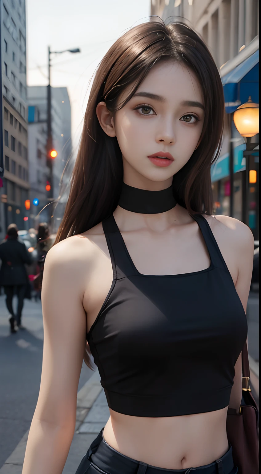 hijabi, choker, javanese, ((Realistic lighting, Best quality, 8K, Masterpiece: 1.3)), Clear focus: 1.2, 1girl, Perfect Figure: 1.4, Slim Abs: 1.1, ((Dark brown hair)), (crop top: 1.4), (Outdoor, Night: 1.1), City streets, Super fine face, Fine eyes, Double eyelids,