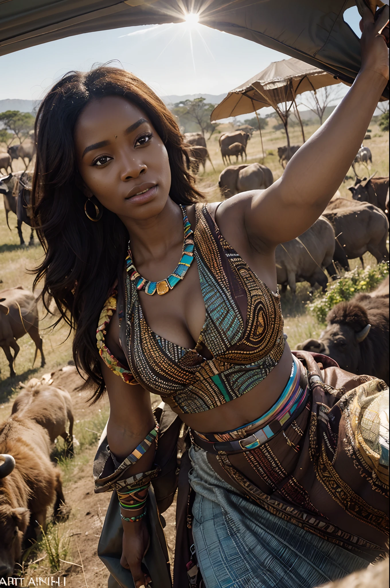 African woman dressed in african designed clothes, flying above the wilderness in a parachute, taking a selfie, with Herd of buffaloes running in the wilderness, daylight shining with beautiful, iridescent light, artgerm style, 32k, ultra HD, unreal engine rendered, hyper-realistic image