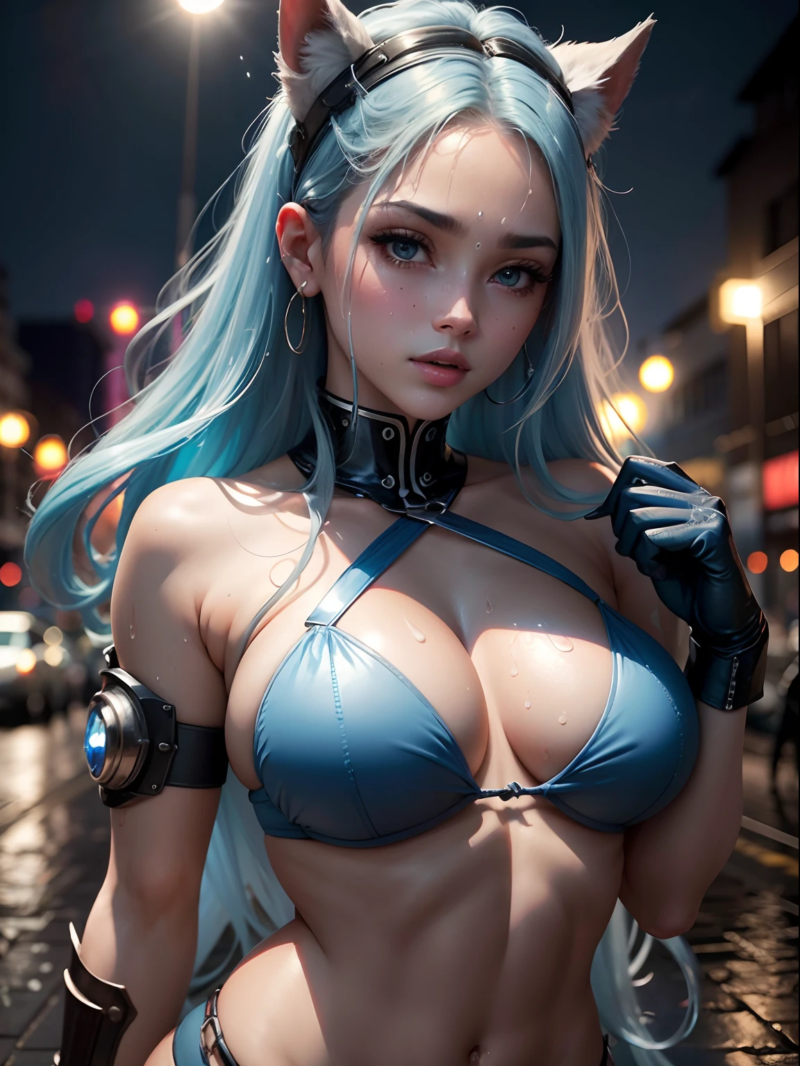 8k、highest qualityr、Una calidad de imagen ultra alta、Ultra-detallado、Ultra-realistic meat feel、cuerpo completosbian、Un sexy、Kunoichi、Belleza bajo la lluvia、Disfraz blanco sin hombros、Extremely small fabric area、Mojado y transparente por la lluvia、Looking at the camera、Cola de caballo larga de pelo azul、piel brillante、Pechos muy gigantescos、Pechos amplios、breasts that are about to shed、extremadamente grande、piel brillante 、Gotas de agua que corren por la piel、Antecedentes cyberpunk、Paisaje urbano nocturno lluvioso