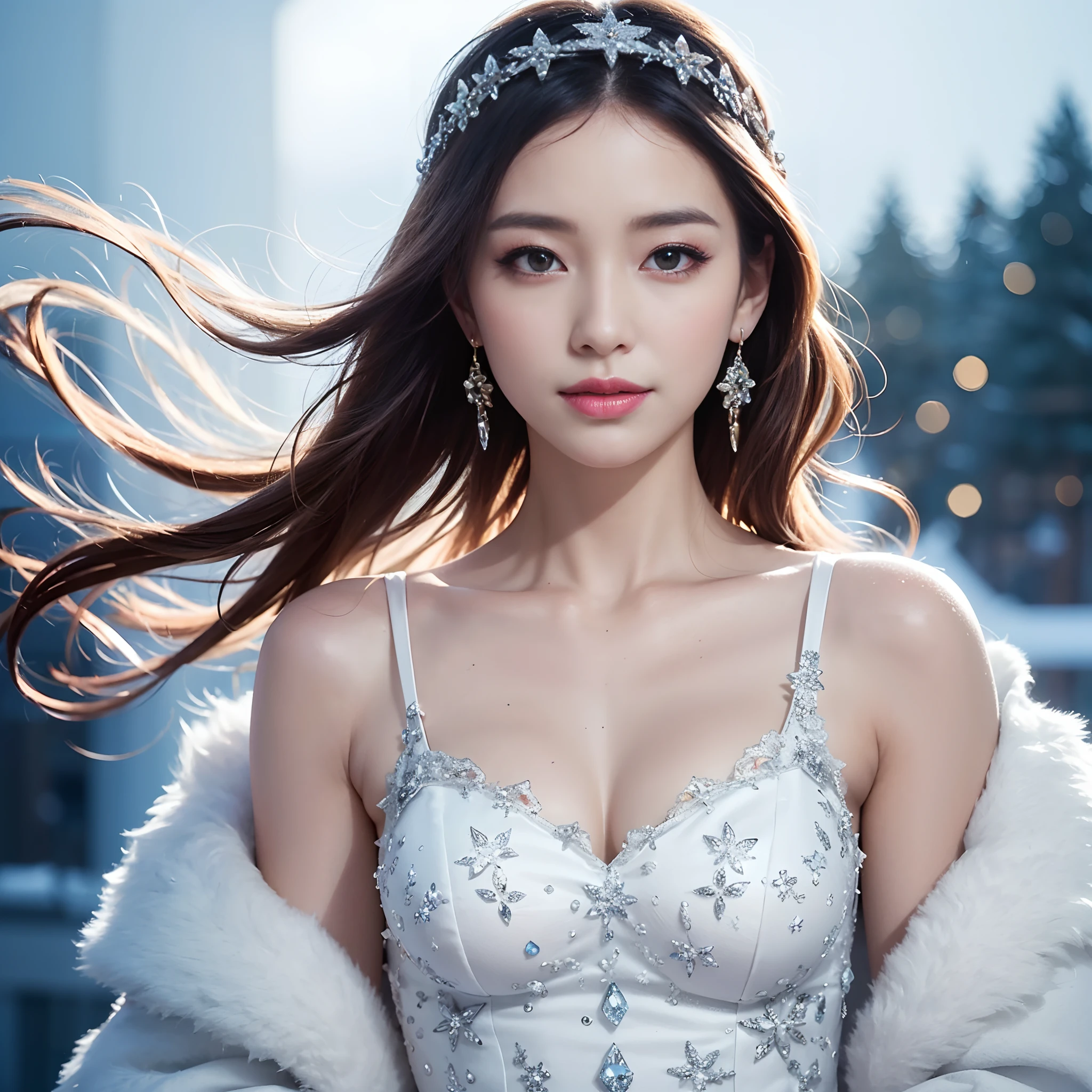 Girl made of ice,snow element,wreathed in ice,snow,The entire body is made up of ice,snow,ice,snow spray painting,Delicate figure,((Masterpiece:1.2),highest quality:1.1),(dynamic angle:1.2,dynamicposes:1.2,softlighting:1.1), Solo,Textured skin,Beauty tips,Pick dyeing,Crescent headdress,Heavy makeup,Ribbons,Crescent earrings,There are precious stones on the forehead,Beauty mole,Heterochromic pupils,Light smile,A high resolution