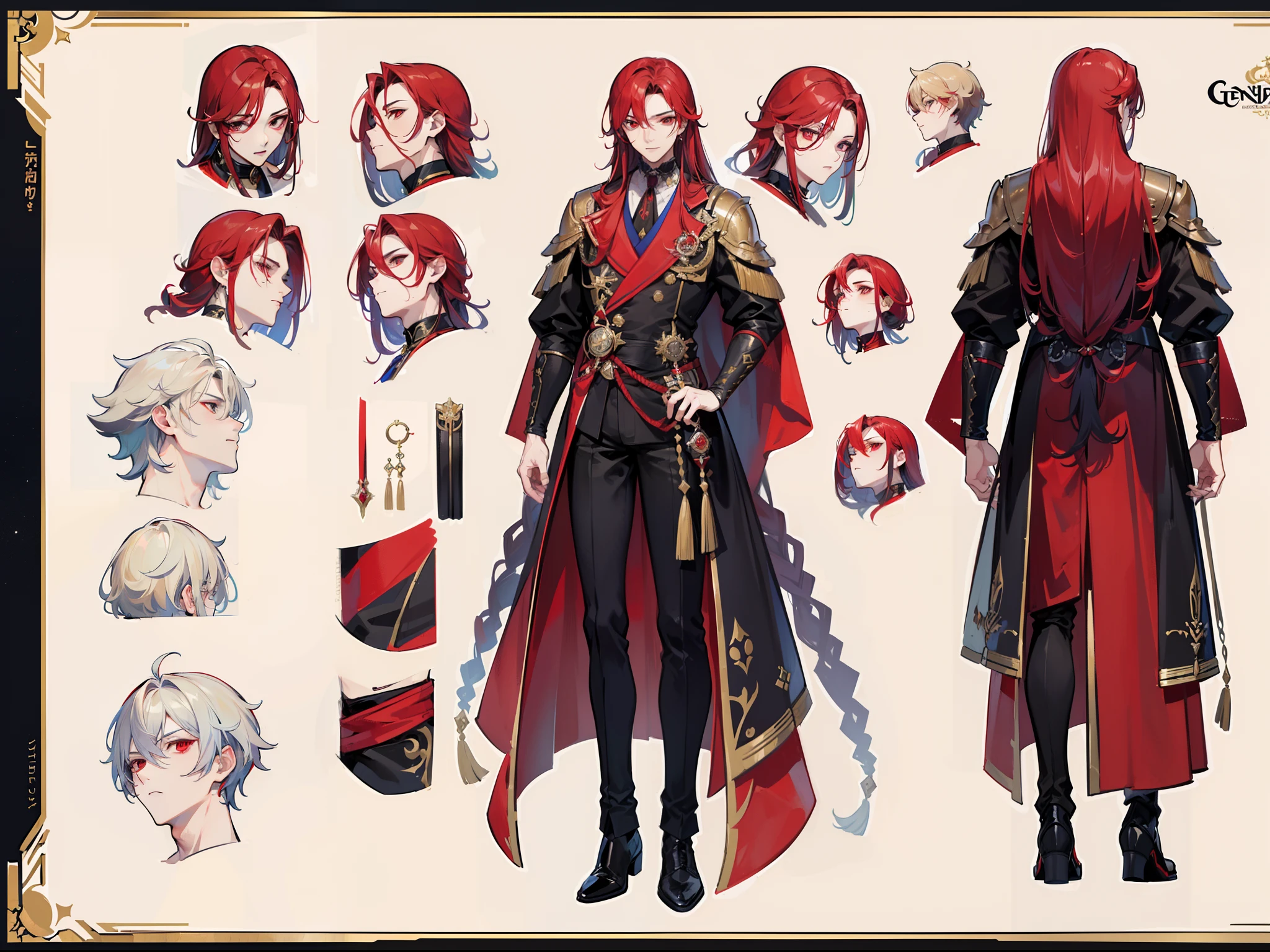((Masterpiece, Highest quality)), Male, boy, Detailed face, character design sheet, full bodyesbian, Full of details, frontal body view, back body view, Highly detailed, Depth, Many parts, Muscle boy with red long hair,handsome man, vampire outfit clothes, Genshin Impact, man tall