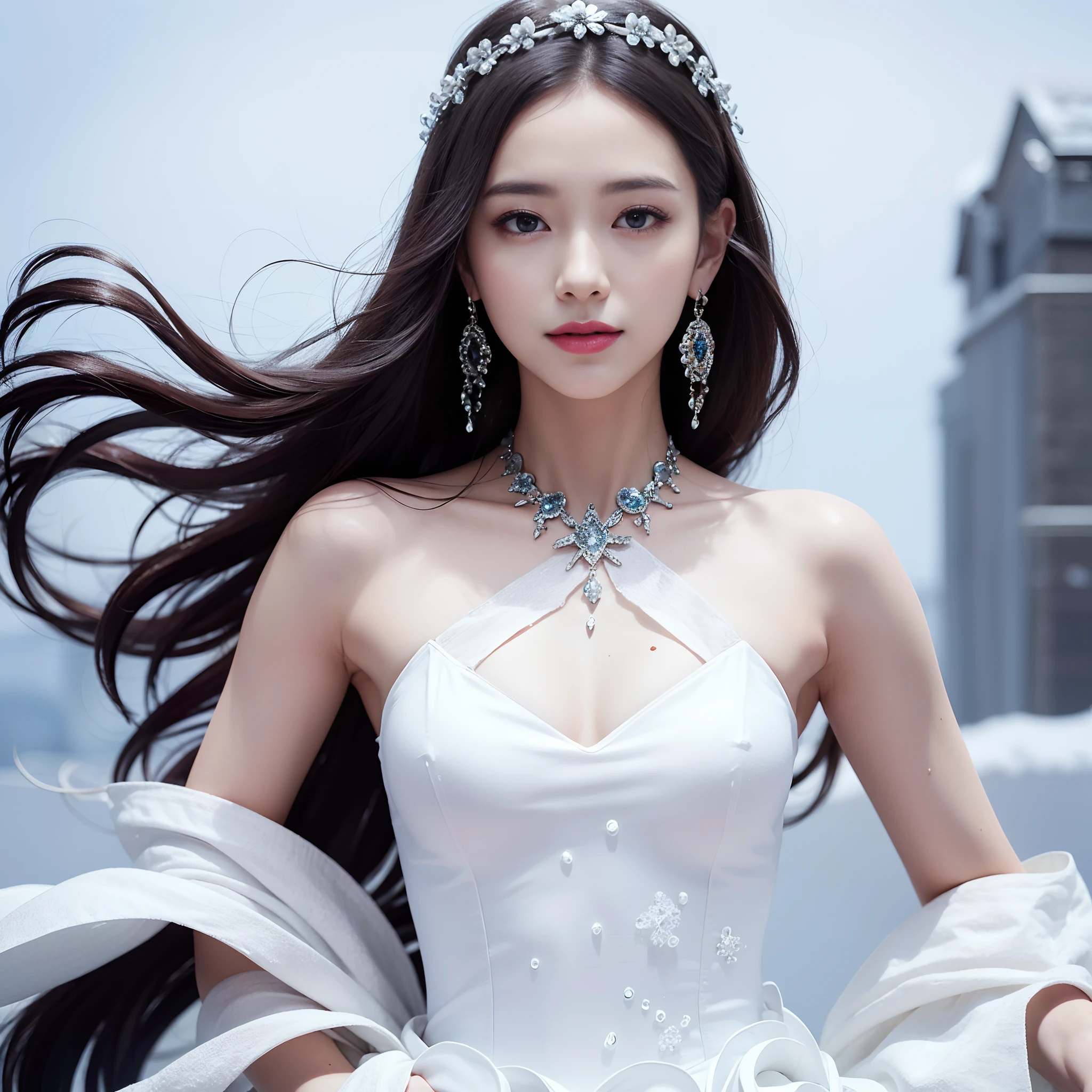 Girl made of ice,snow element，wreathed in ice,snow，The entire body is made up of ice,snow，ice,snow spray painting，Delicate figure，((Masterpiece:1.2),highest  quality:1.1),(dynamic angle:1.2,dynamicposes:1.2,softlighting:1.1), Solo，Textured skin，Beauty tips，Pick dyeing，Crescent headdress，Heavy makeup，Ribbons，Crescent earrings，There are precious stones on the forehead，Beauty mole，Heterochromic pupils，Light smile，A high resolution