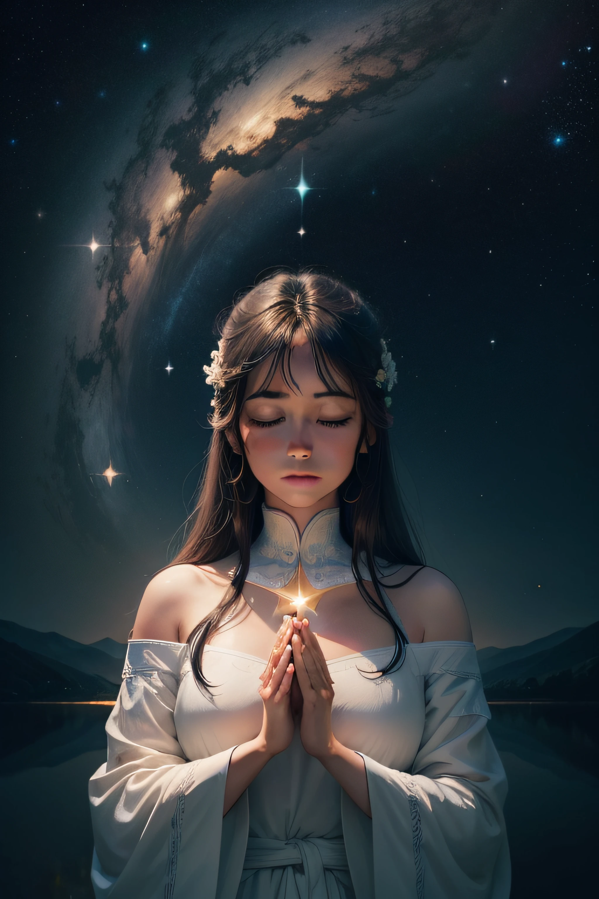 Describe the scene where a human being is in meditation or contemplation, sentado em um local tranquilo cercado pela natureza. The expansive starry night sky serves as a backdrop, symbolizing connection with the universe. The person in the image has their hands slightly raised or on their chest, conveying a sense of harmony, paz e alinhamento. The general atmosphere is one of serenity and transcendence, representing the inner search for spiritual elevation and a deeper connection to the universe.

Certifique-se de capturar a beleza e a tranquilidade do momento, with attention to the details of the meditating person's facial expression and the celestial landscape in the background. The image should convey a sense of calm, Serenity and a magical connection to the cosmos, inviting viewers to explore the power of vibrational alignment and personal transformation.

Remember to use soft colors and subtle contrasts to create a visually appealing and impactful composition.