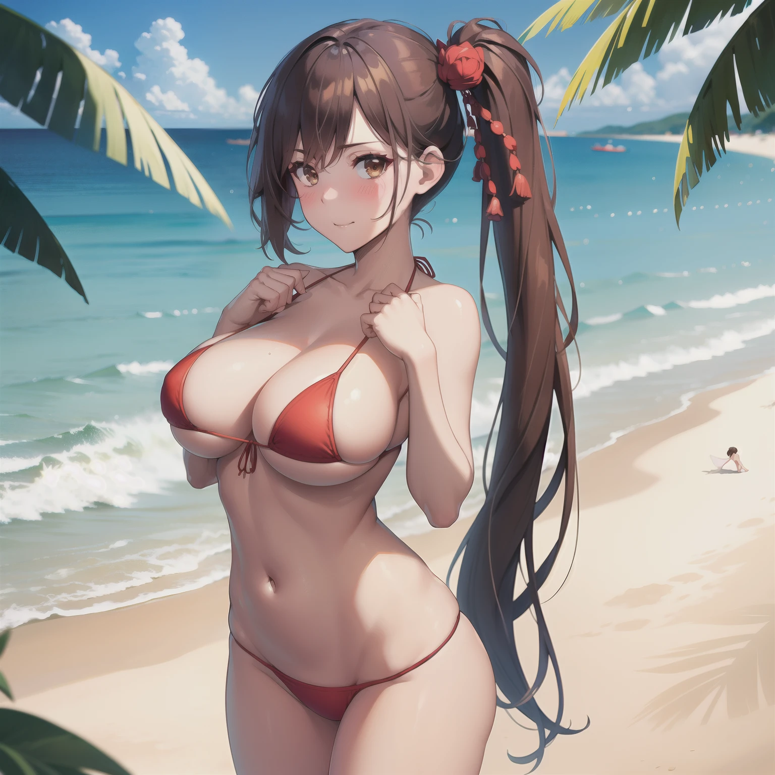 masterpiece, best quality, highres, brown hair, brown eyes, side ponytail, cowboy shot, standing, beach, micro bikini, embarrassed, blush, sexy pose, big breasts, hair ornament, very long hair,