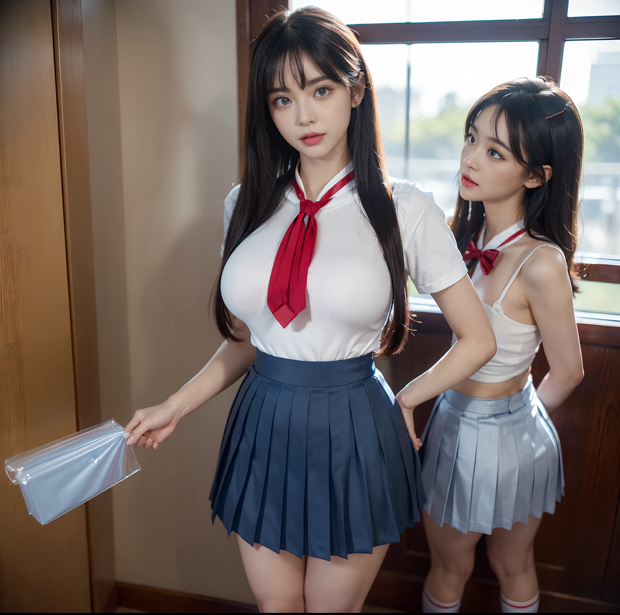 Highest quality, 8K quality, Masterpiece, Two busty women standing side by side facing this way, (Super big breasts compressed by clothes:1.3), Whitening skin, Sparkling Blue Eyes, Sailor collar uniform, Pleated skirt, Above the knee, Skirtliftv1, (Super big breasts squeezed with hands:1.3), (Super big breasts in a frontal view), White panties, Breast Grab, skirtlift,