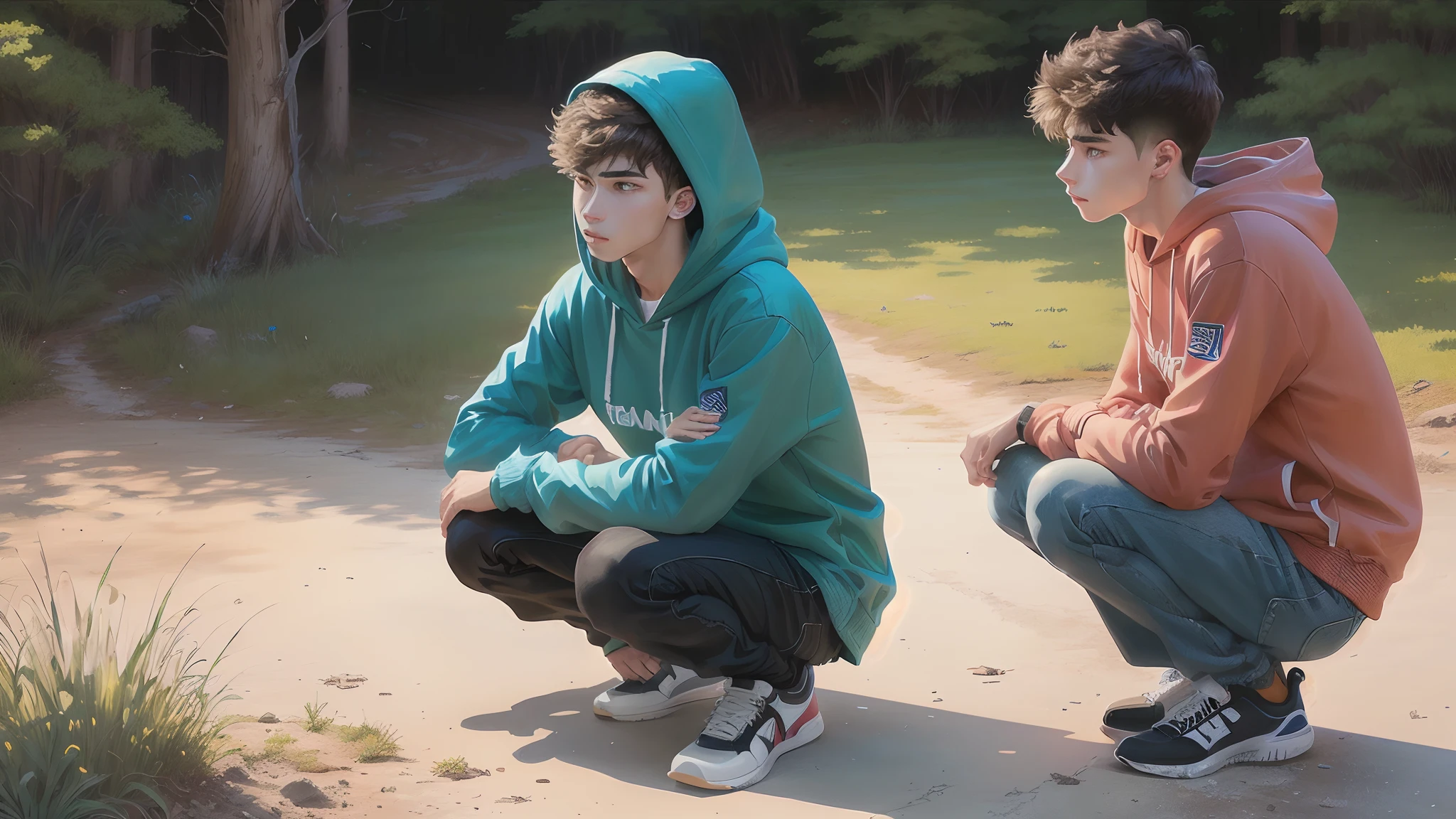 Illustration of hoodie young man squatting