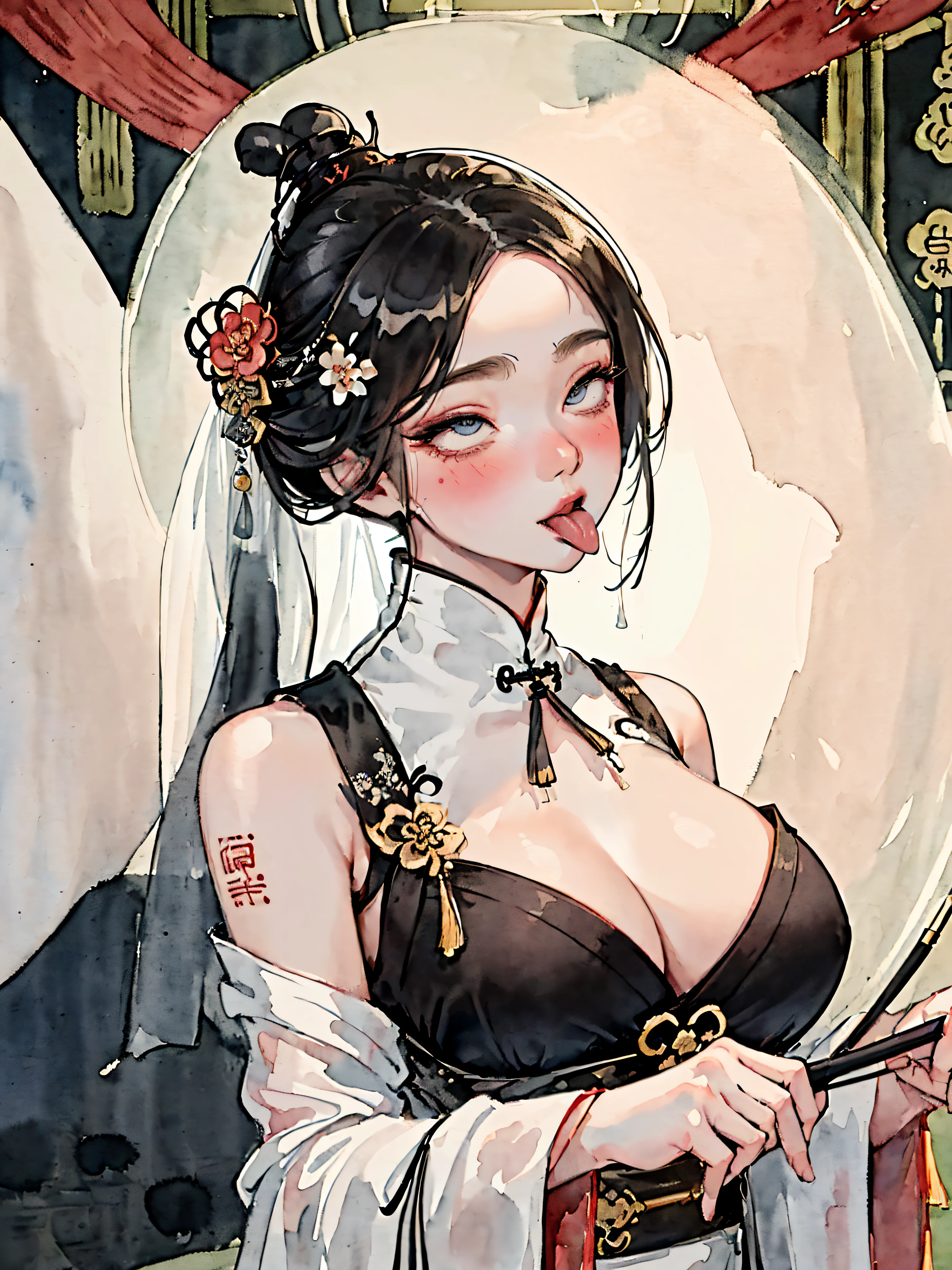 (((((((Chinese ink painting,watercolor paiting,ancient chinese hanfu,tongue from mouth,blush,veil,baggy cuffs,))))))),((1girl,under-aged,amazing,sharp focus,seductive girl,Solo,from above:1.3,))(Masterpiece,Best quality, offcial art, Beautiful and aesthetic:1.2),((超高分辨率,Golden ratio,)) (16k),((upper upper shot,close to face,focus on face,succubi,fairy,busty body,big breast)),(Physically-based rendering),Sharp focus, (((highdetailskin,))),Intricately detailed clothing,Delicate pupils,heart pupils,crimson pupils,danfeng eye,((((detailed hair|long hair|Shaggy cut|Long bold side bangs|Undercut)))),Slender,(masterpiece sidelighting),(The sheen),(beautiful hair,beautiful eyes,)((unbelievable Ridiculous,blur background,)),((extremely_Detailed_Eyes_and_face)),Movie girl,(Dynamic configuration: 1.2),Brilliant,Glossy, (Photorealistic), mitts, ((hairpin)), two-sided fabric,disheveled hair,Ultra-precise depiction, Ultra-detailed depiction,