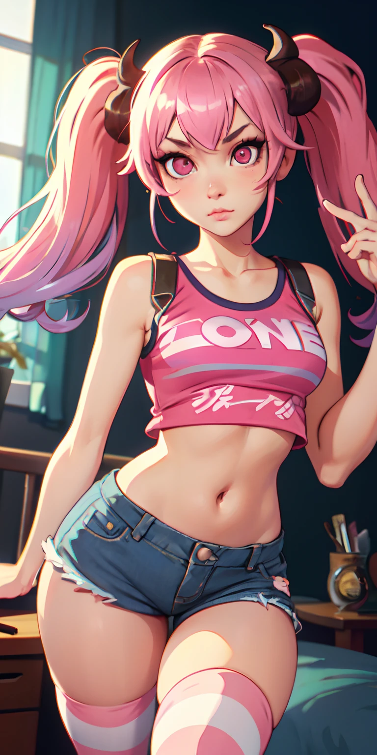 (masterpiece, best quality), 1girl, pink hair, crop top, denim shorts, bedroom, striped thighhighs, twin tails, long pig tails, oni horns, oni, detailed pink eyes, ombre pink eyes