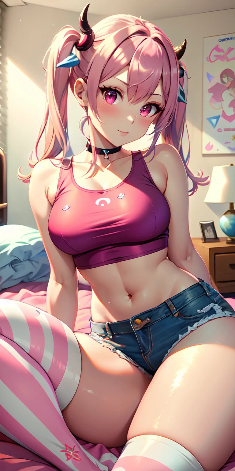 (masterpiece, best quality), 1girl, pink hair, crop top, denim shorts, bedroom, striped thighhighs, twin tails, long pig tails, oni horns, oni, detailed pink eyes, ombre pink eyes